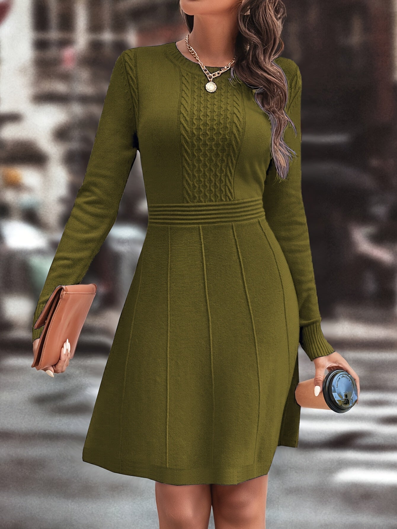 Women’s Autumn Winter Casual Knit Dress – Slim A-Line | Round Neck | Long Sleeve | Solid Color Elegant Daily Wear