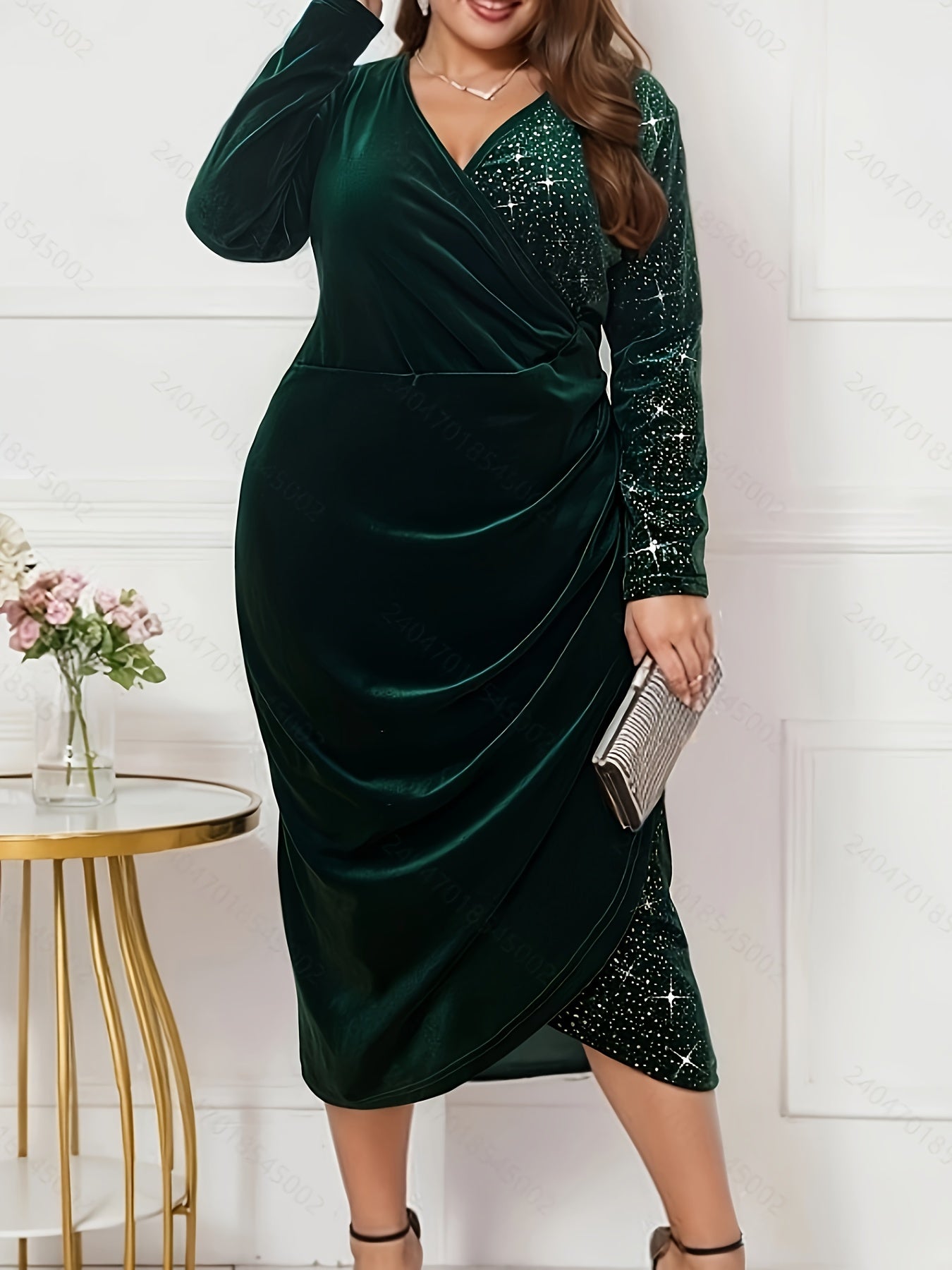 Plus Size Elegant V-Neck Maxi Dress with Sparkling Silver Accents – Long Sleeve, Stretchy Fabric, Flowing Fall & Winter Formal Evening Wear