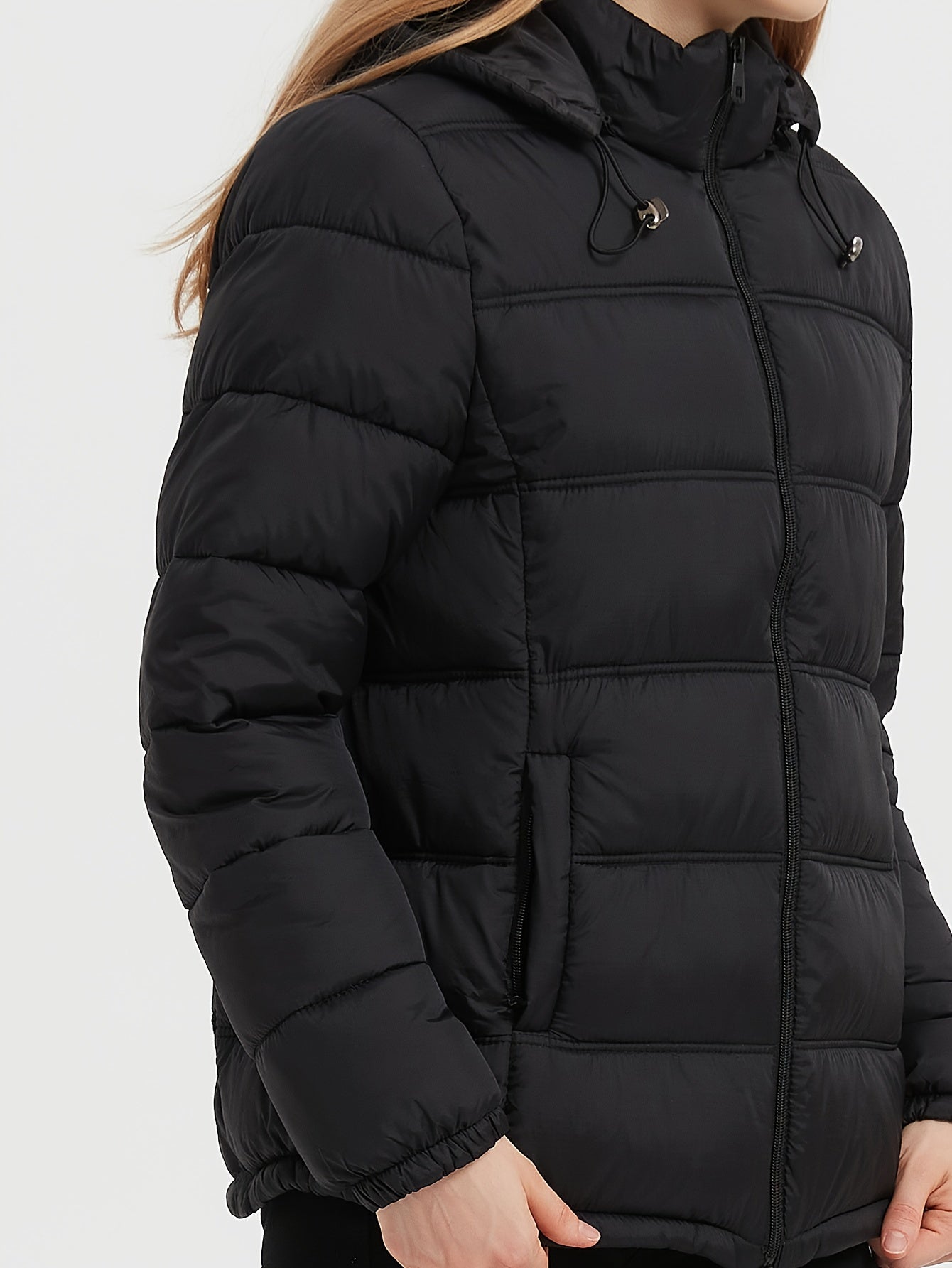Women’s Quilted Hooded Winter Jacket – Thermal Puffy Design, Adjustable Hood, Warm Solid Winter Coat