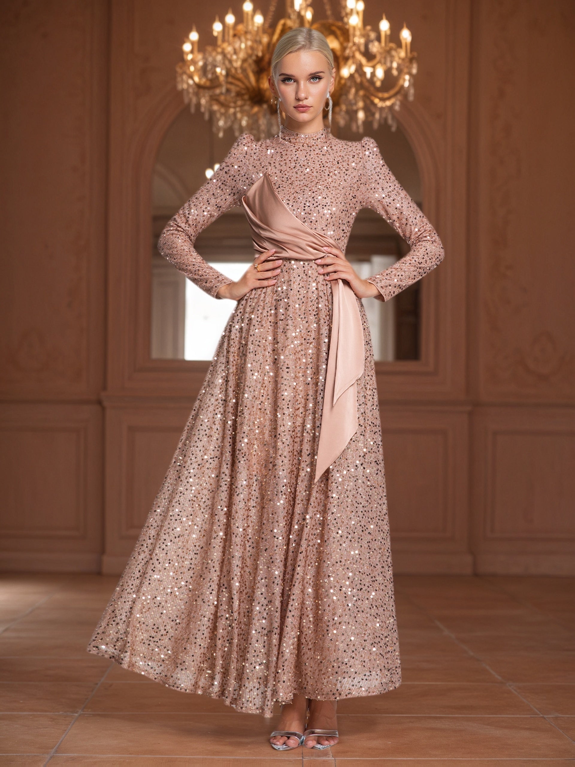 Women’s Elegant Winter Wedding & Special Occasion Maxi Dress – Long Sleeve, High-Neck, Asymmetrical Train, Padded Bust, Fit & Flare Silhouette