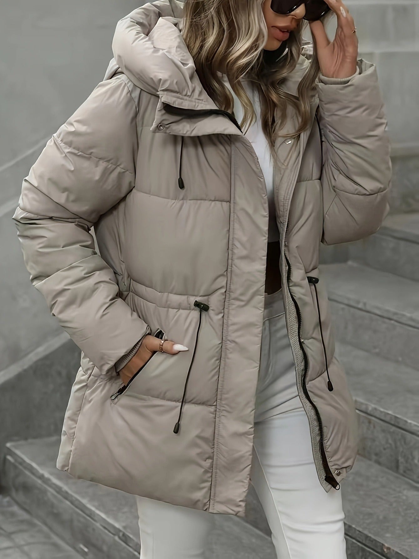 Women’s Quilted Hooded Winter Jacket – Thermal Puffy Design, Adjustable Hood, Warm Solid Winter Coat