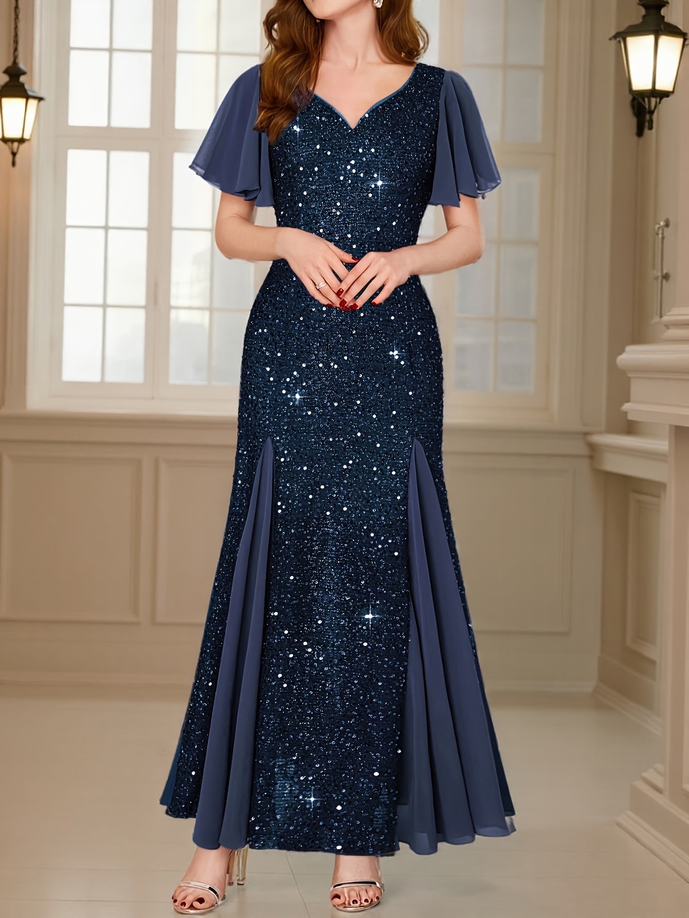 Women’s Elegant Sequin Lace Sweetheart Neckline Maxi Dress – Floor-Length Formal Evening Gown with Ruffle Sleeves | Wedding Guest & Party Wear