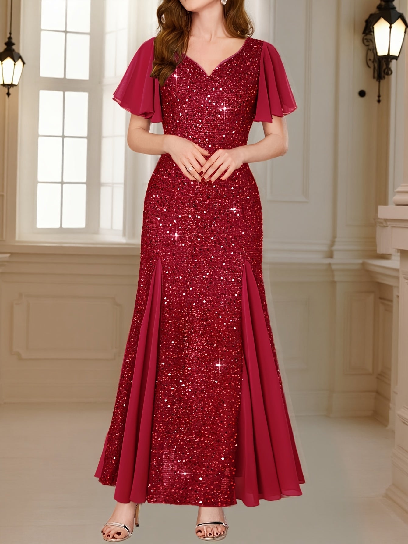 Women’s Elegant Sequin Lace Sweetheart Neckline Maxi Dress – Floor-Length Formal Evening Gown with Ruffle Sleeves | Wedding Guest & Party Wear