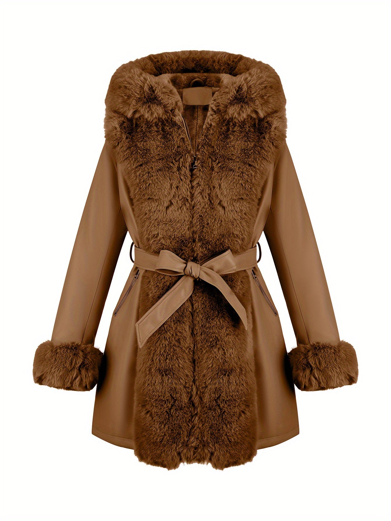 Women’s Elegant Genuine Leather Jacket – Suede Lining, Solid Color, Hooded Cold Weather Coat with Faux Fur Trim for Fall/Winter Outerwear