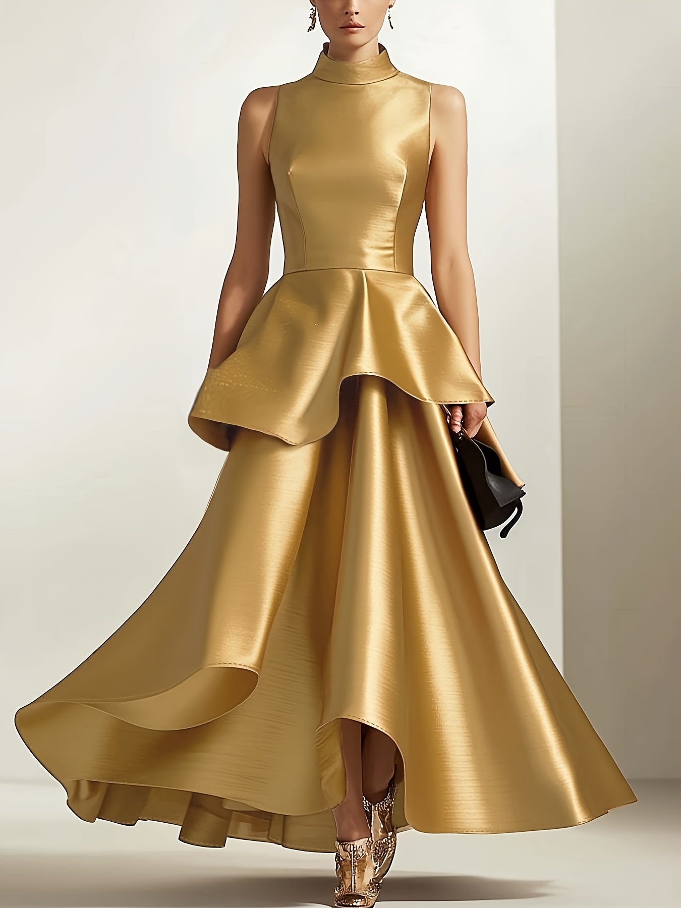 Elegant Stand Collar A-Line Sleeveless Long Dress – Solid Color | Fit & Flare Ball Gown Hem | Autumn–Winter Collection