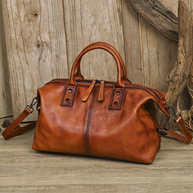 Women’s Vintage Genuine Leather Tote Bag – Large Capacity, Detachable Shoulder Strap & Zipper Closure