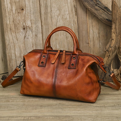 Women’s Vintage Genuine Leather Tote Bag – Large Capacity, Detachable Shoulder Strap & Zipper Closure
