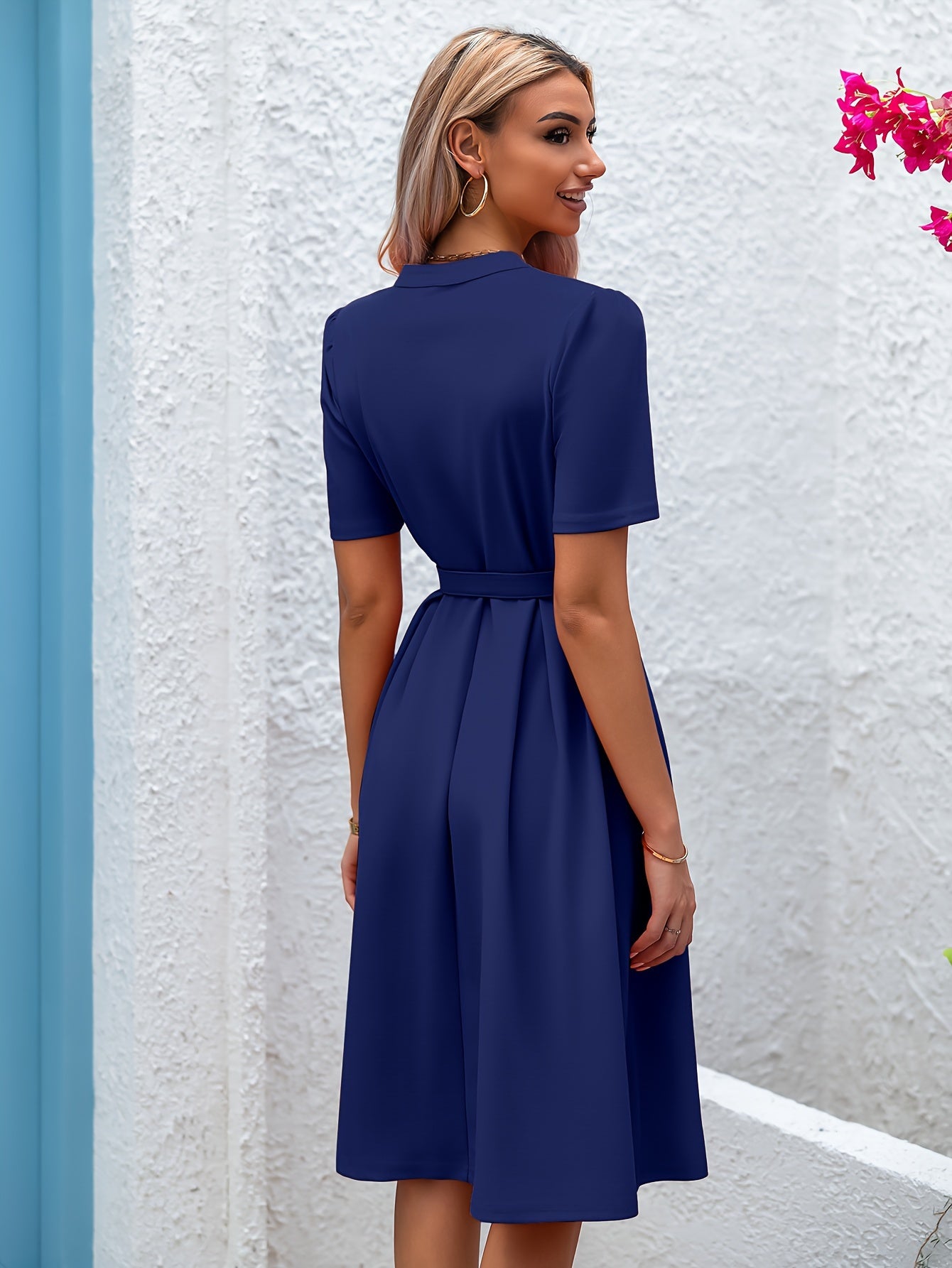 Elegant V-Neck Midi Dress for Women – Retro Fit | Short Sleeves | Flared Hem | Pockets & Waist Belt | Solid Color