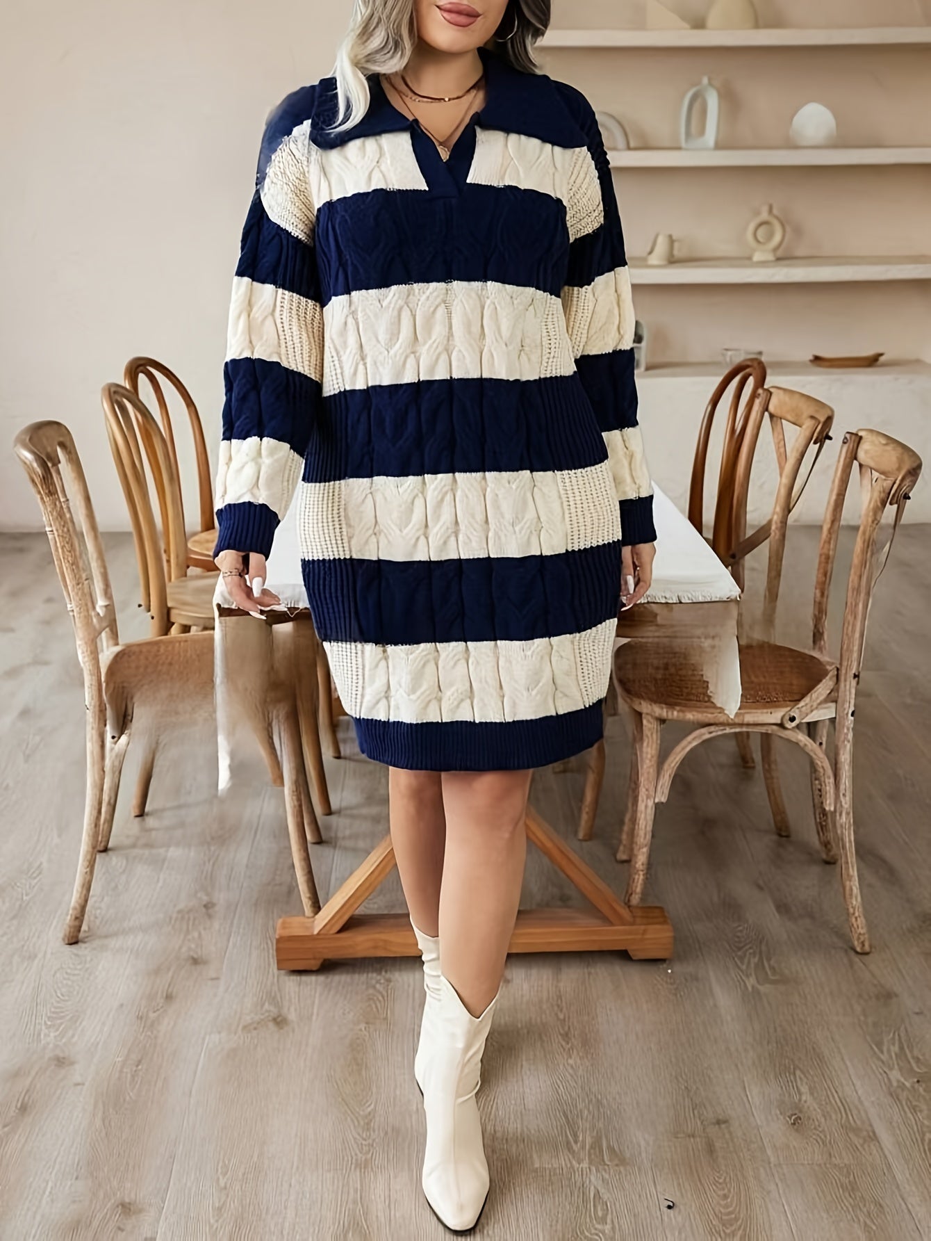 Plus Size Women’s Elegant Striped Sweater Dress – Long Sleeve A-Line Midi | Lapel Collar | Fall/Winter Knit Dress