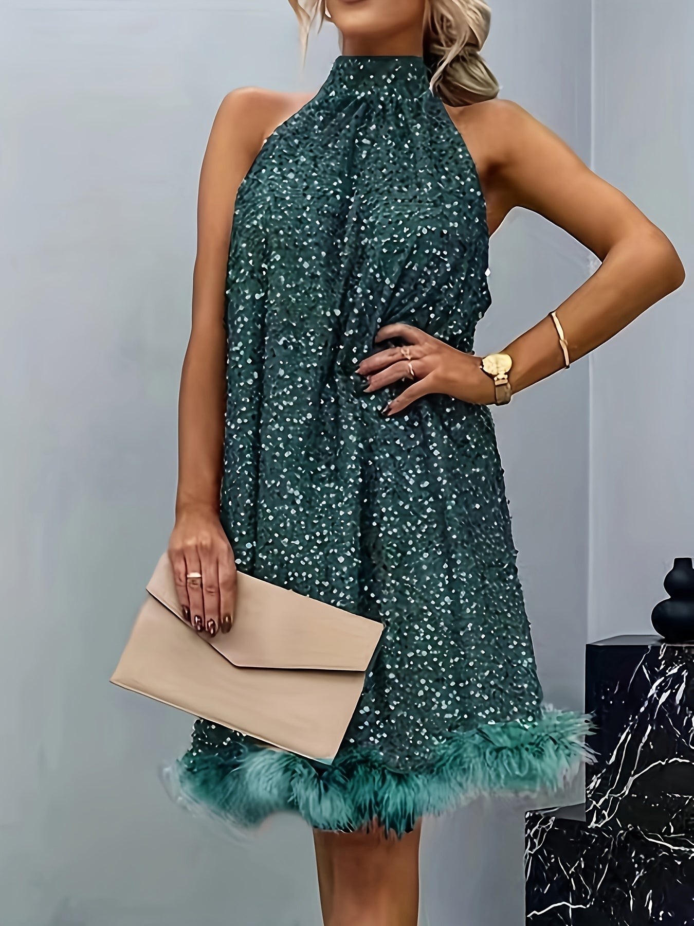 Sleeveless Sequin & Fluffy Party Dress with Halter Neck and Bow Tie – Elegant European & American Style Tunic