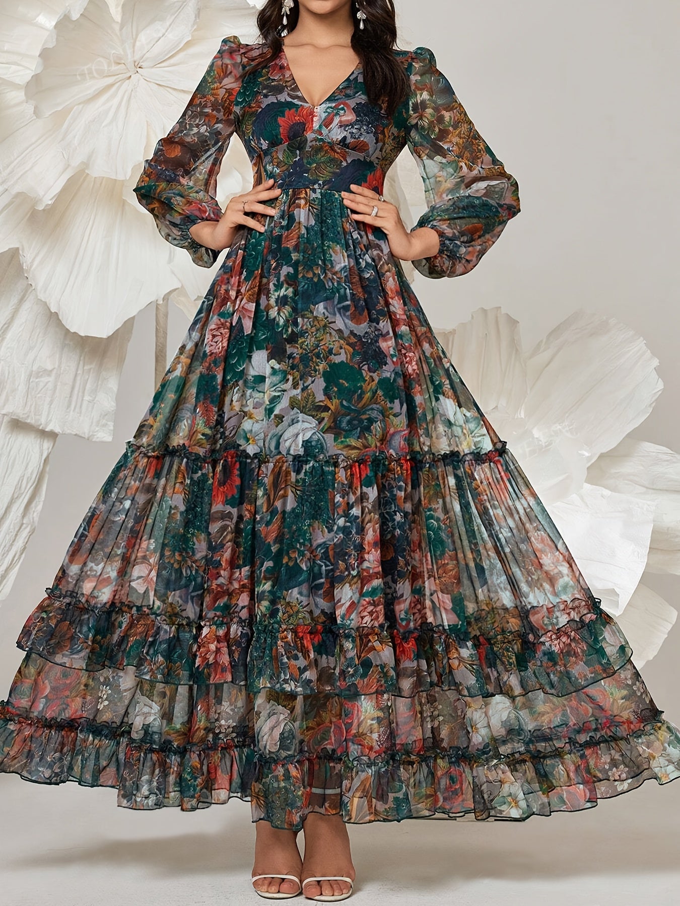 Women’s Elegant Floral Print Maxi Dress – Floor-Length Fit & Flare Evening Gown with Lantern Sleeves and Zipper Back Closure