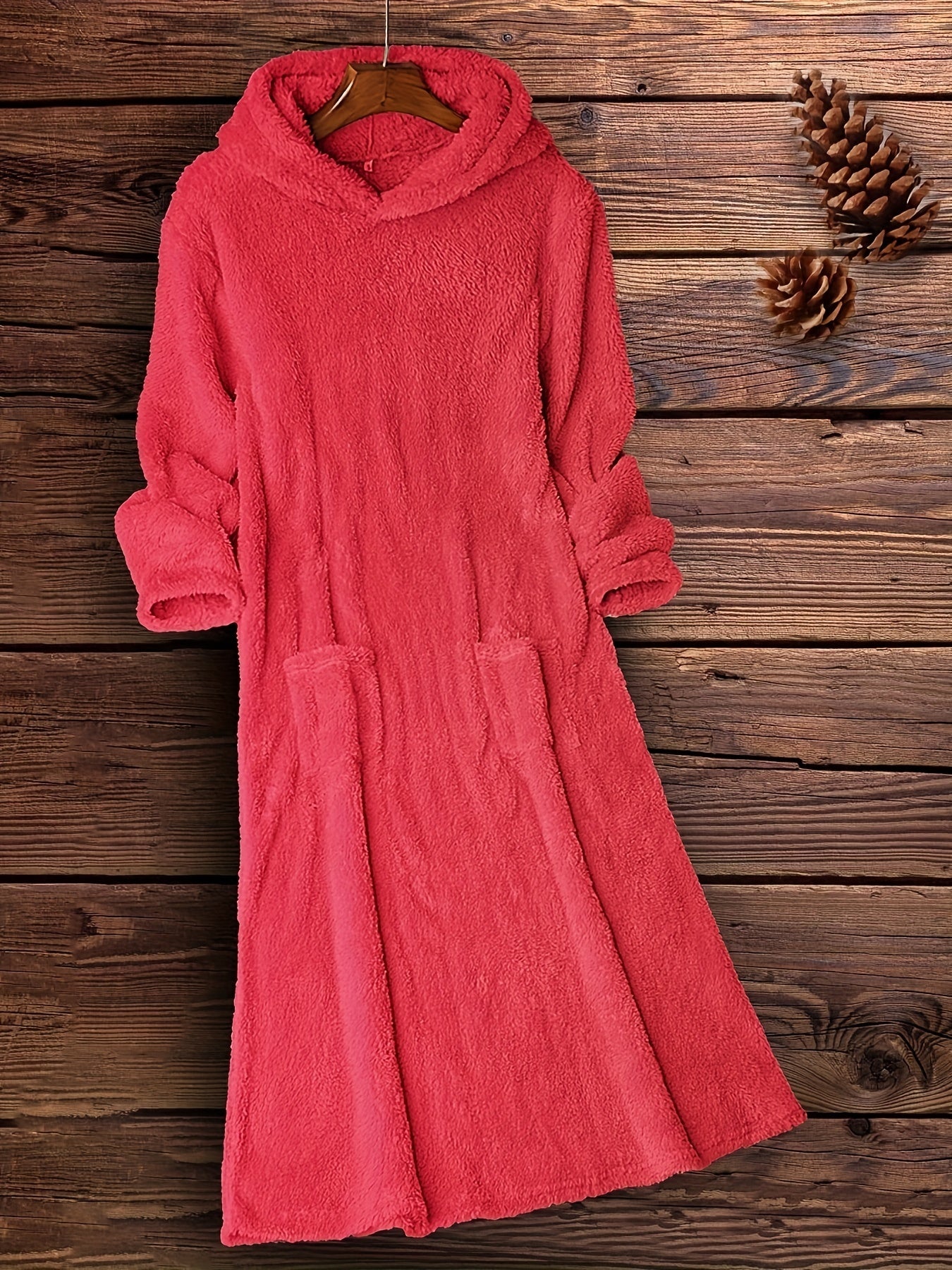 Adult Women’s Hooded Tunic Dress – Casual Solid Color, Suede/PU Polyester Knit Fabric with Micro Elasticity, Winter Wear, Front Pocket, Machine Washable