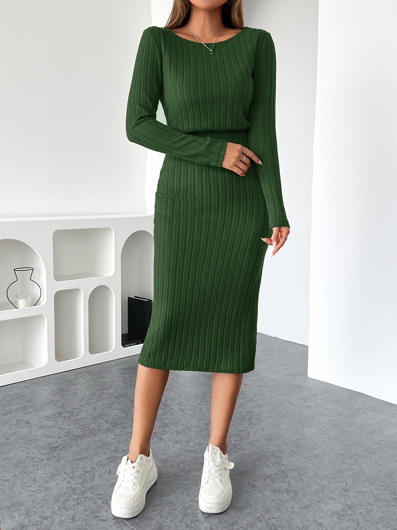 Women’s Elegant Ribbed Bodycon Midi Dress – Long Sleeve High-Elasticity Knit | Round Neck | Fall/Winter Casual to Formal Wear