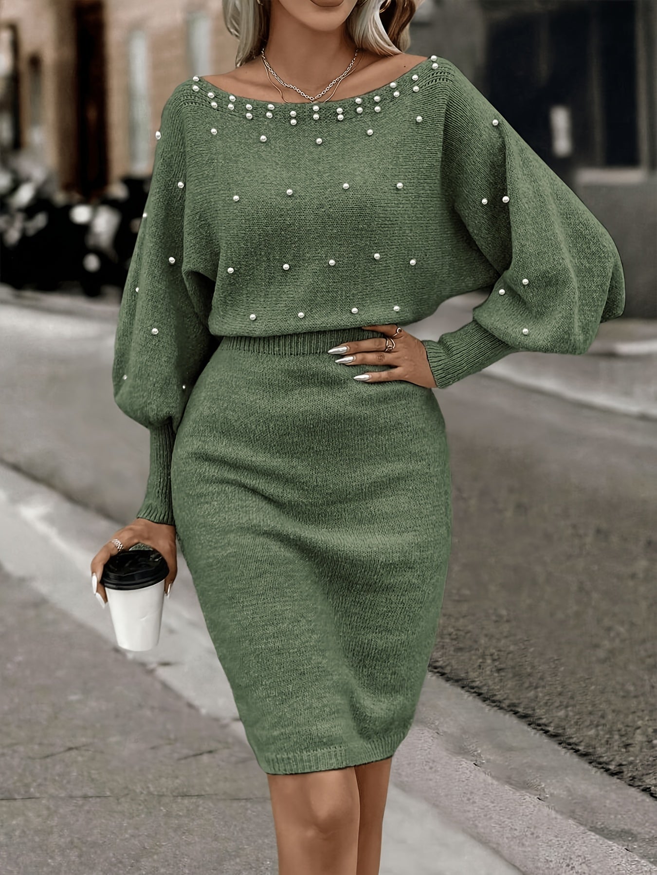 Women’s Olive Green Pearl-Embellished Bodycon Mini Dress – Long Sleeve Ribbed Knit, Casual Spring/Fall Wear