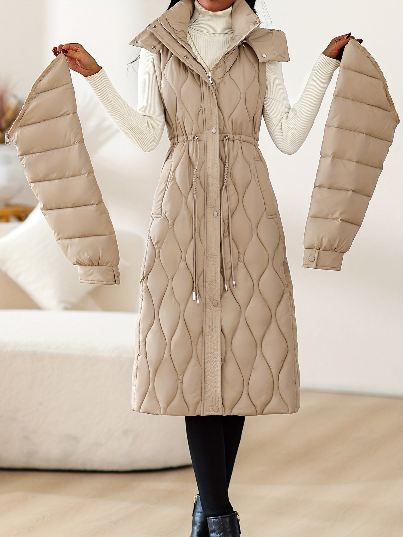 Women’s Winter Coat with Hood – Long Formal & Everyday Outerwear | Belted Waist, Solid Neutral Tones, Zipper Closure | Elegant Cold-Weather Jacket