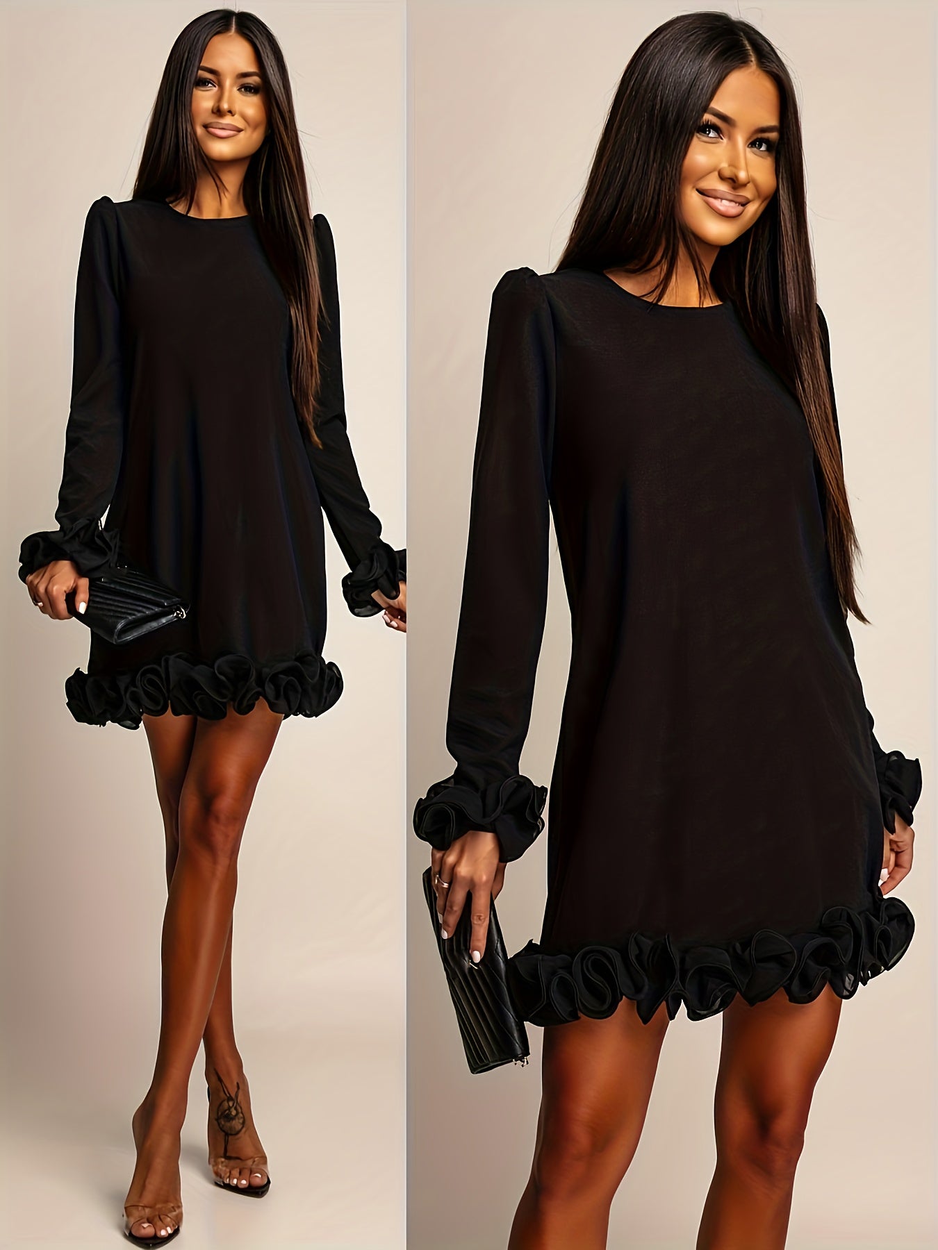 Women’s Black Ruffle Mini Dress – Long Sleeve Crew Neck, A-Line Bodycon | Elegant Knee-Length Dress