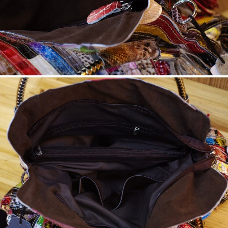 Handmade Bohemian Genuine Leather Patchwork Tote – Multicolor Stripe Purse with Leopard & Snake Accents, Adjustable Chain Strap