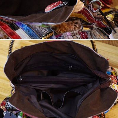 Handmade Bohemian Genuine Leather Patchwork Tote – Multicolor Stripe Purse with Leopard & Snake Accents, Adjustable Chain Strap