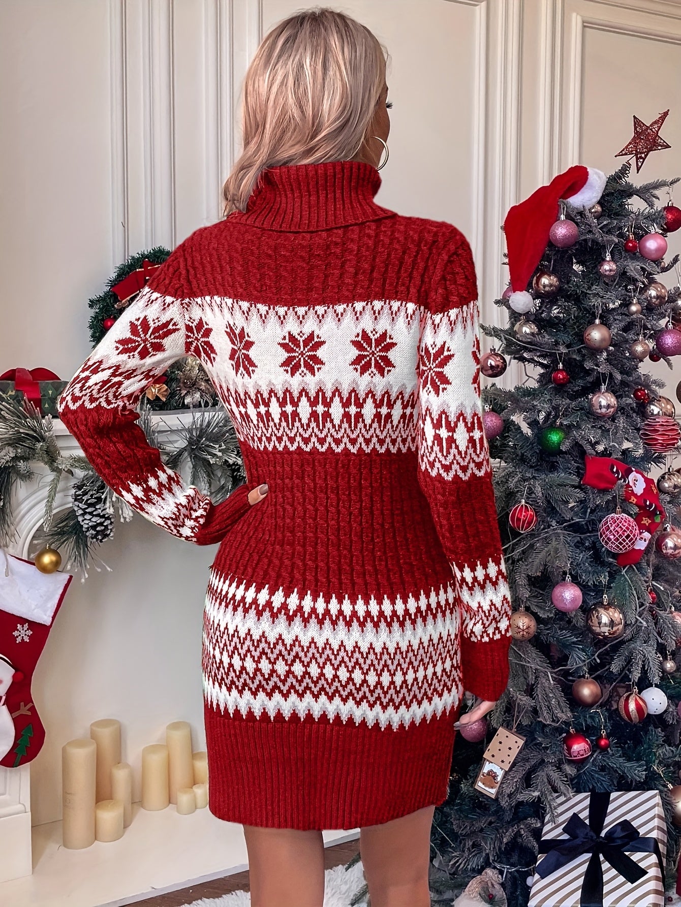 Women’s Christmas Sweater Dress – Red Snowflake Pattern, High Neck, Long Sleeve Cozy Winter Holiday Outfit