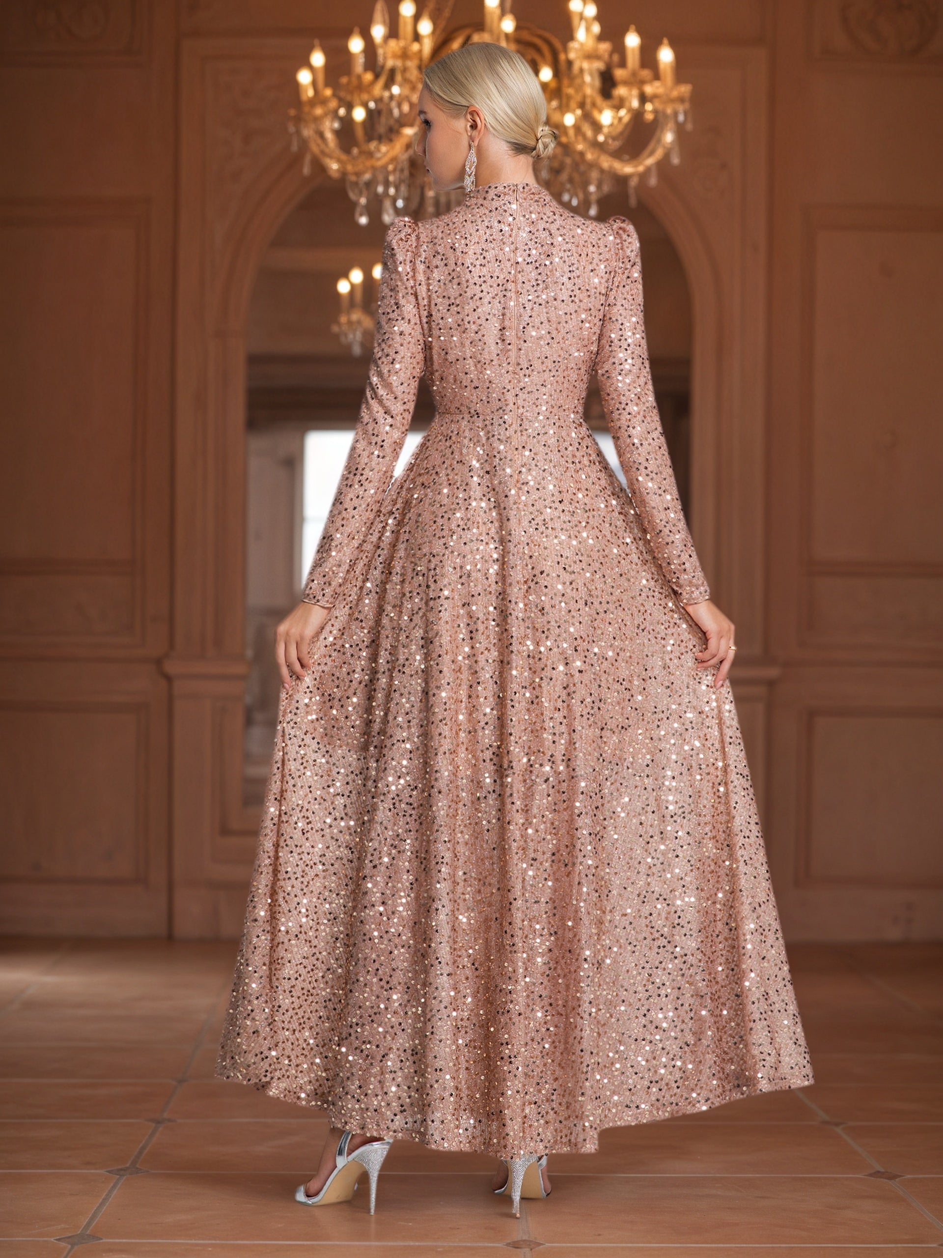 Women’s Elegant Winter Wedding & Special Occasion Maxi Dress – Long Sleeve, High-Neck, Asymmetrical Train, Padded Bust, Fit & Flare Silhouette