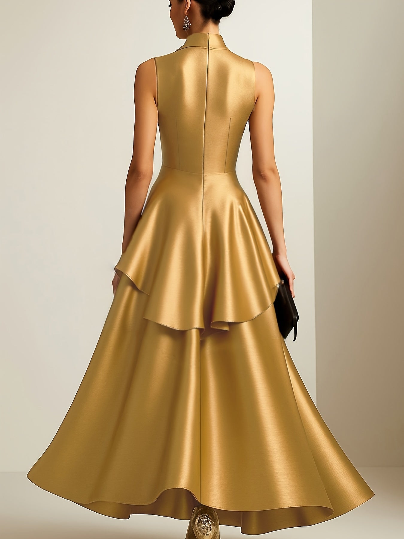 Elegant Stand Collar A-Line Sleeveless Long Dress – Solid Color | Fit & Flare Ball Gown Hem | Autumn–Winter Collection