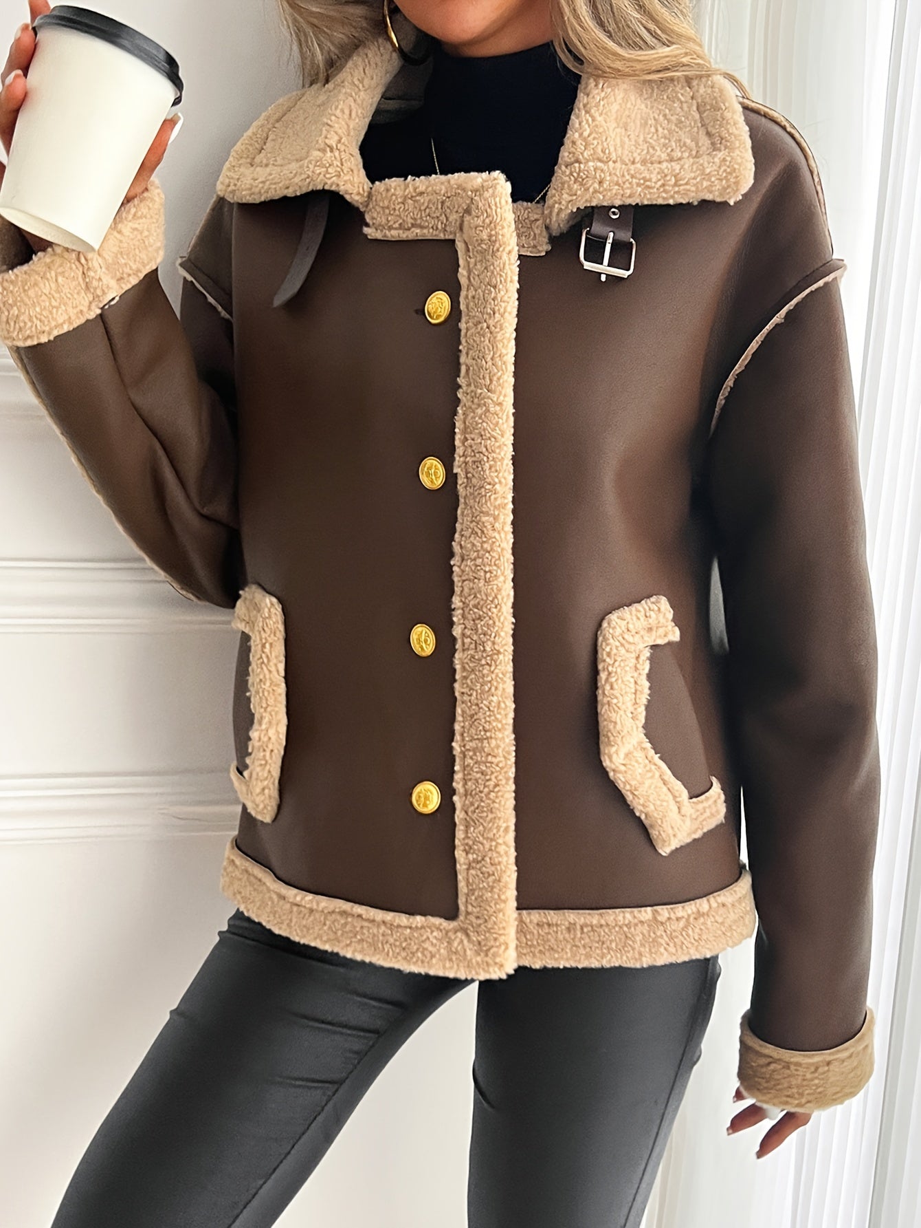 Women’s Elegant Genuine Leather Motorcycle Jacket – Brown & Beige Two-Tone, Golden Buttons, Adjustable Straps, Pockets, Fall/Winter Chic Outerwear