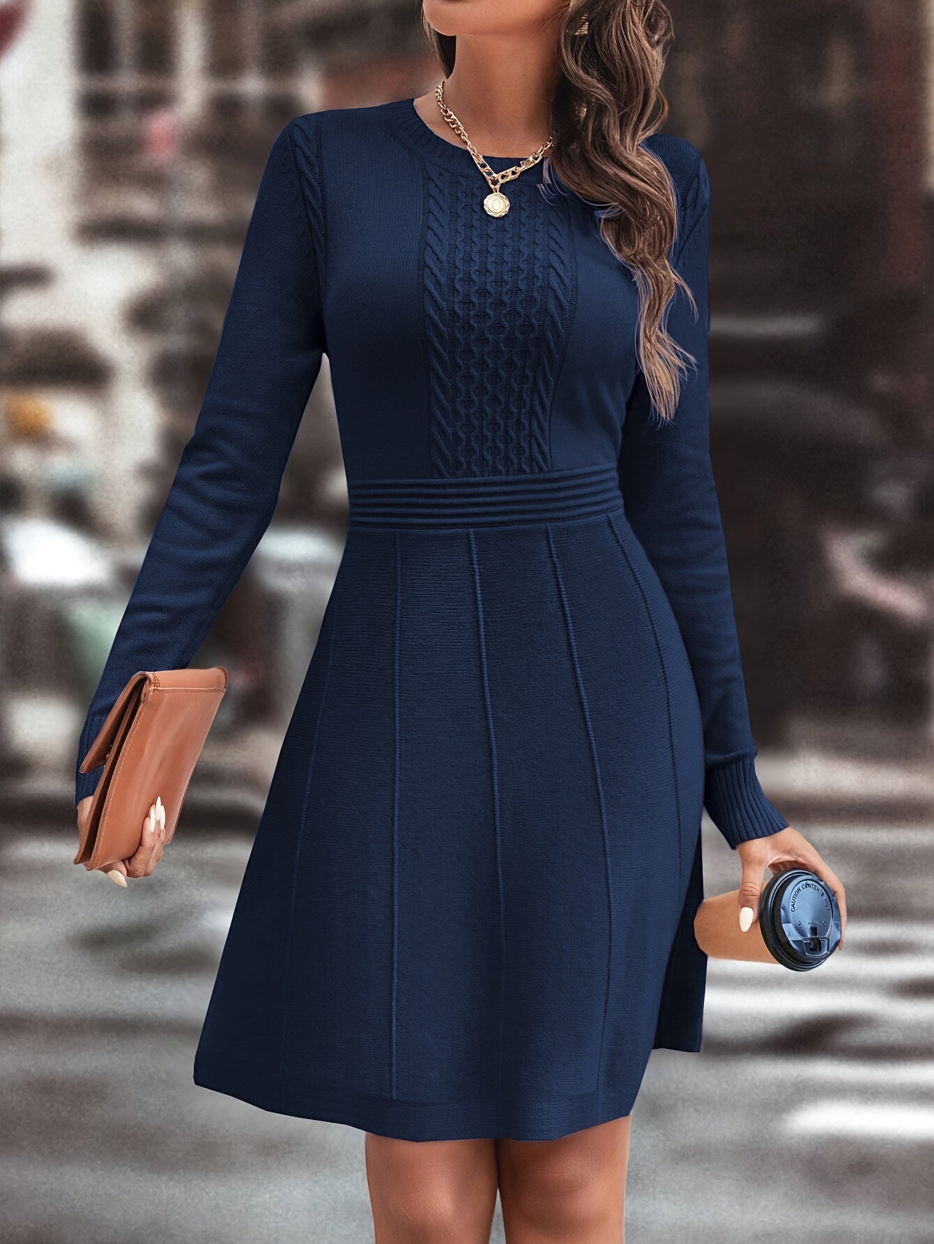 Women’s Autumn Winter Casual Knit Dress – Slim A-Line | Round Neck | Long Sleeve | Solid Color Elegant Daily Wear