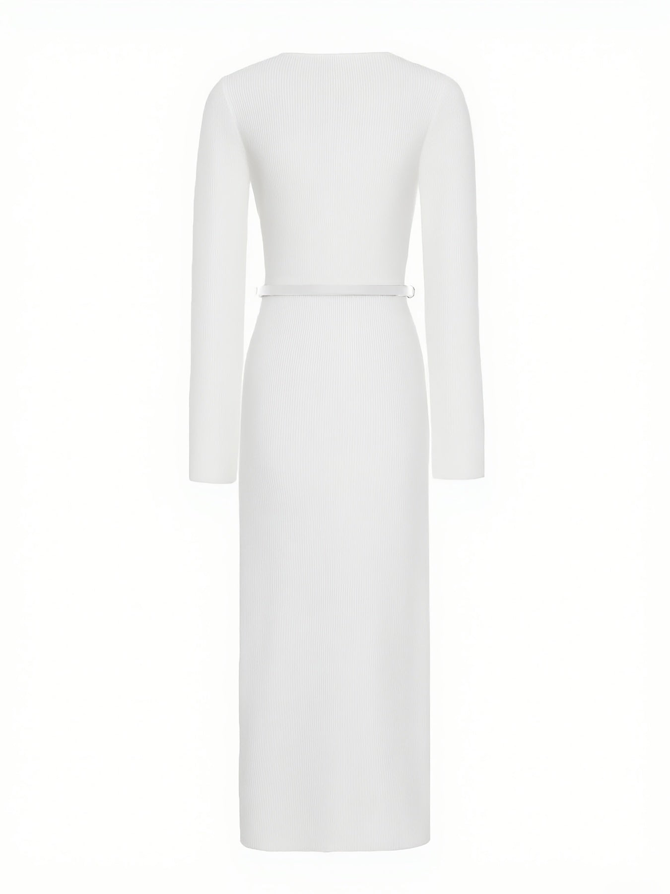 Women’s Elegant Long Sleeve V-Neck Dress – Button Front, Side Slit, Belted Waist, Solid Color, Fall/Winter Formal & Everyday Dress