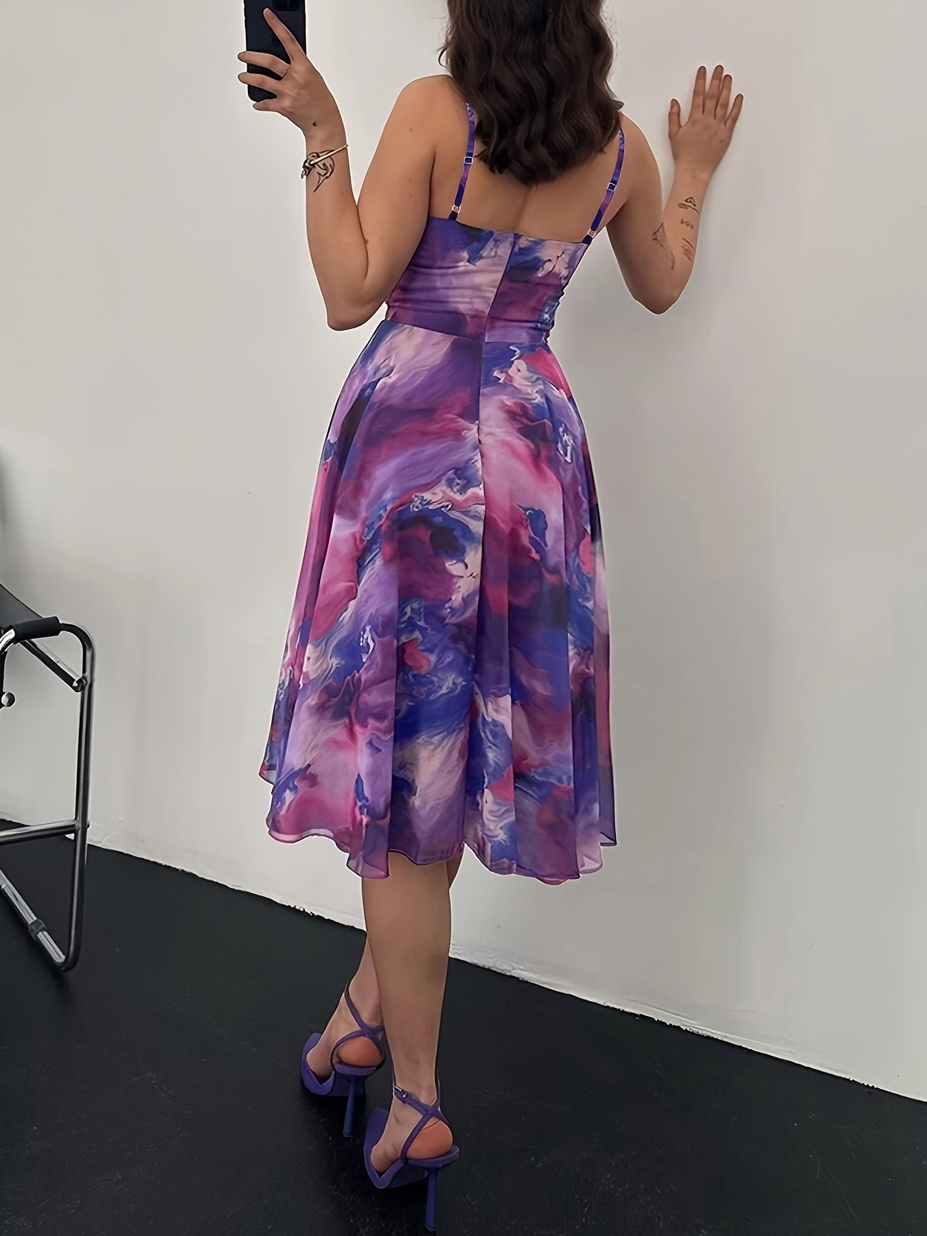 Deep Purple Tie-Dye Spaghetti Strap Mini Dress – Sleeveless A-Line with Ruffled Hem | Summer Party & Casual Wear