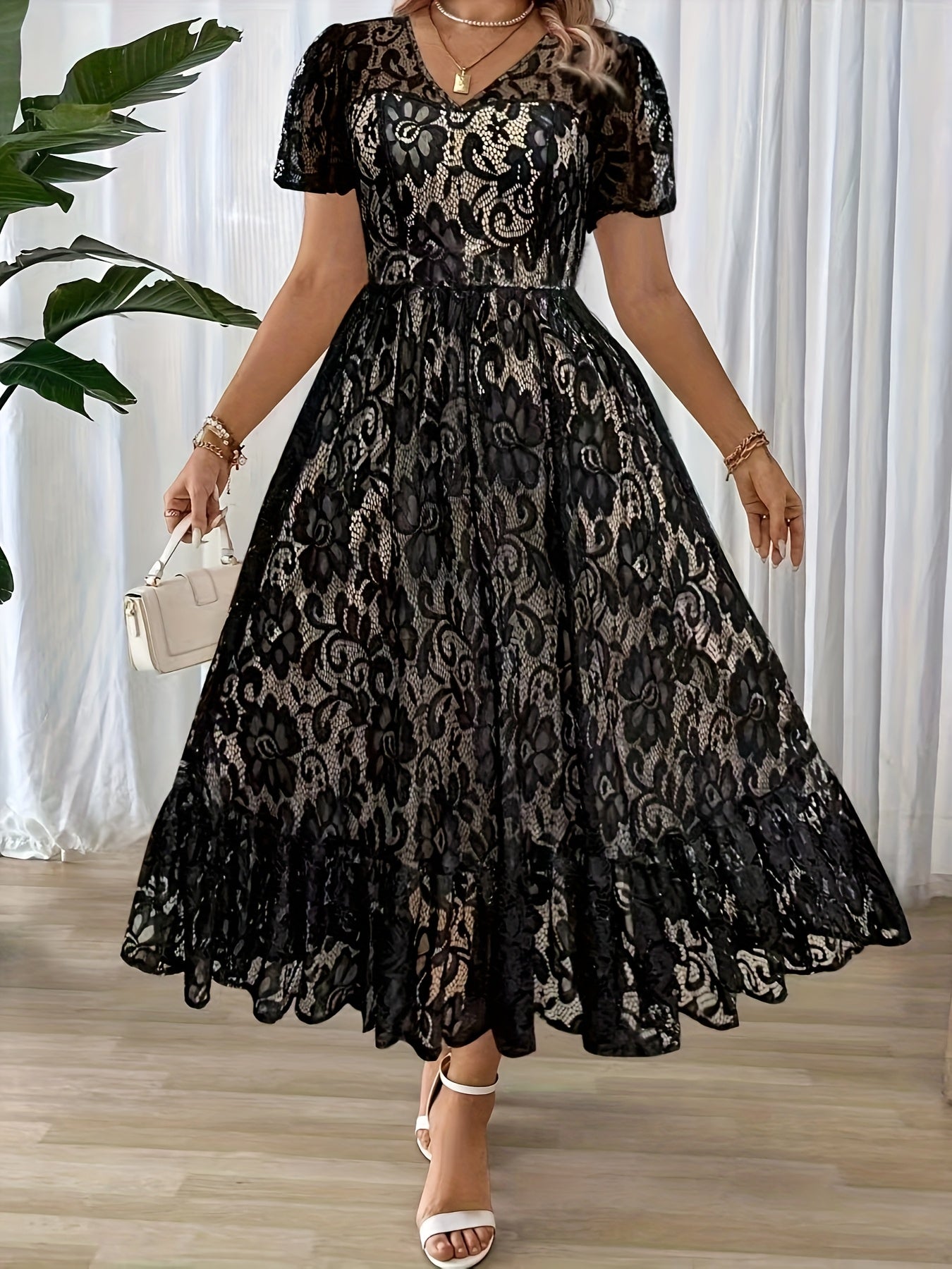 Plus Size Elegant A-Line Lace-Collar Dress – Long Solid Black Formal Party & Wedding Guest Gown