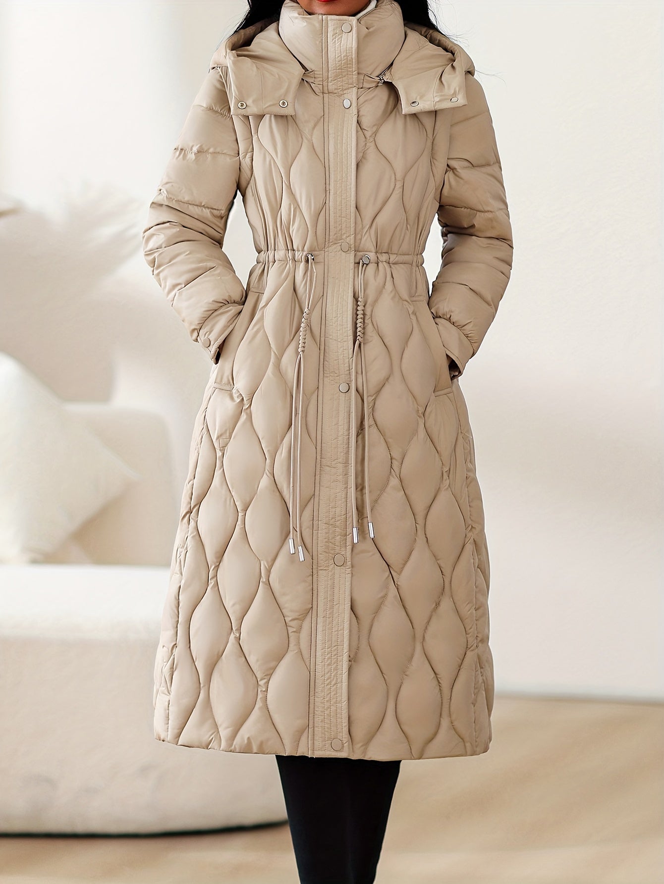 Women’s Winter Coat with Hood – Long Formal & Everyday Outerwear | Belted Waist, Solid Neutral Tones, Zipper Closure | Elegant Cold-Weather Jacket