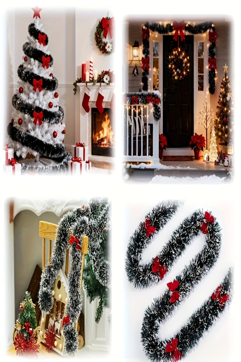 393.7" Christmas Garland Decoration – 2PCS Set with Red Bows, Green & White Snowflake Design | Indoor & Outdoor Artificial Holiday Garland