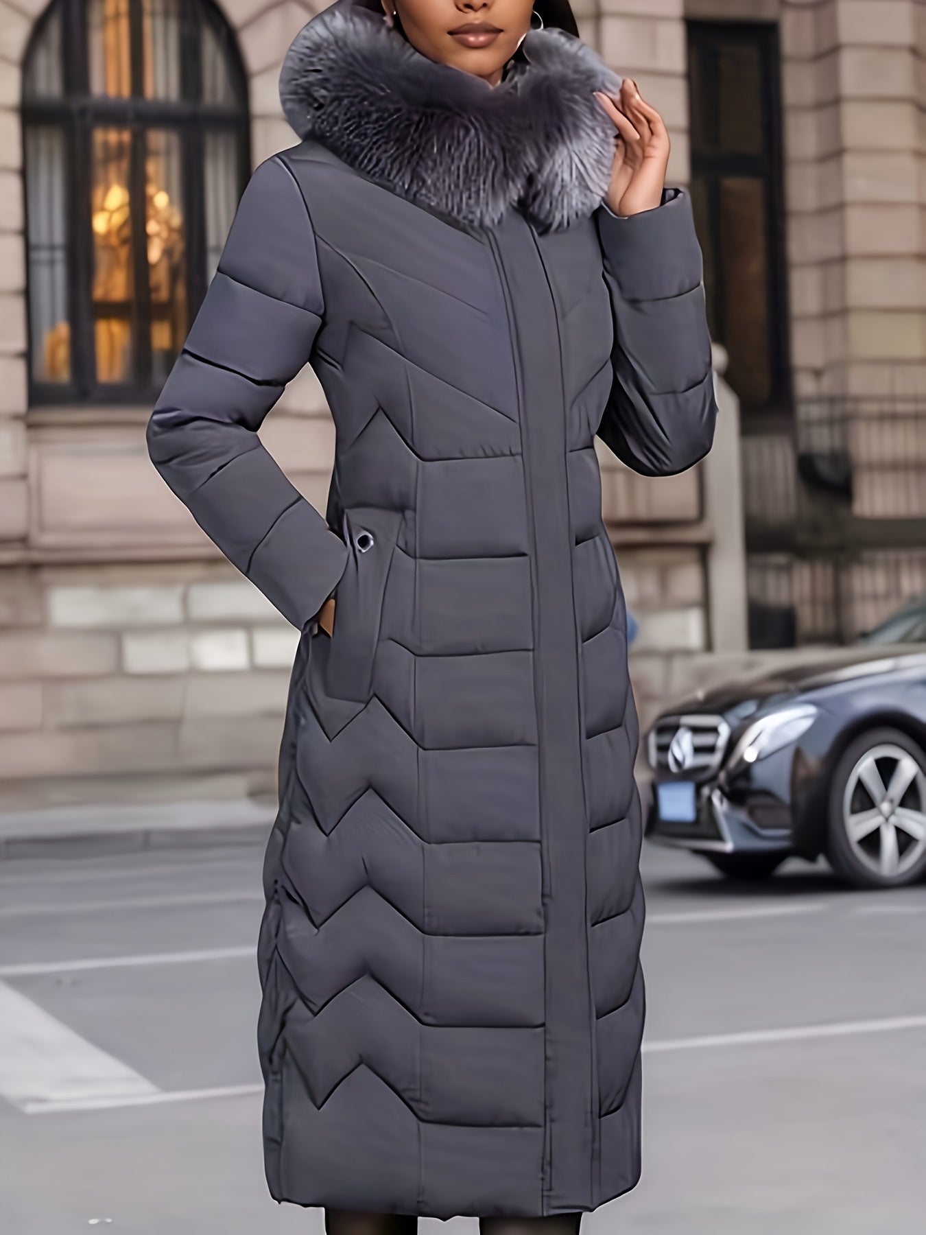 Women’s Slim-Fit Over-the-Knee Winter Jacket – Thick Collar, Long Sleeve, Full-Zip Closure | Elegant H-Line Silhouette | Smooth Solid Design