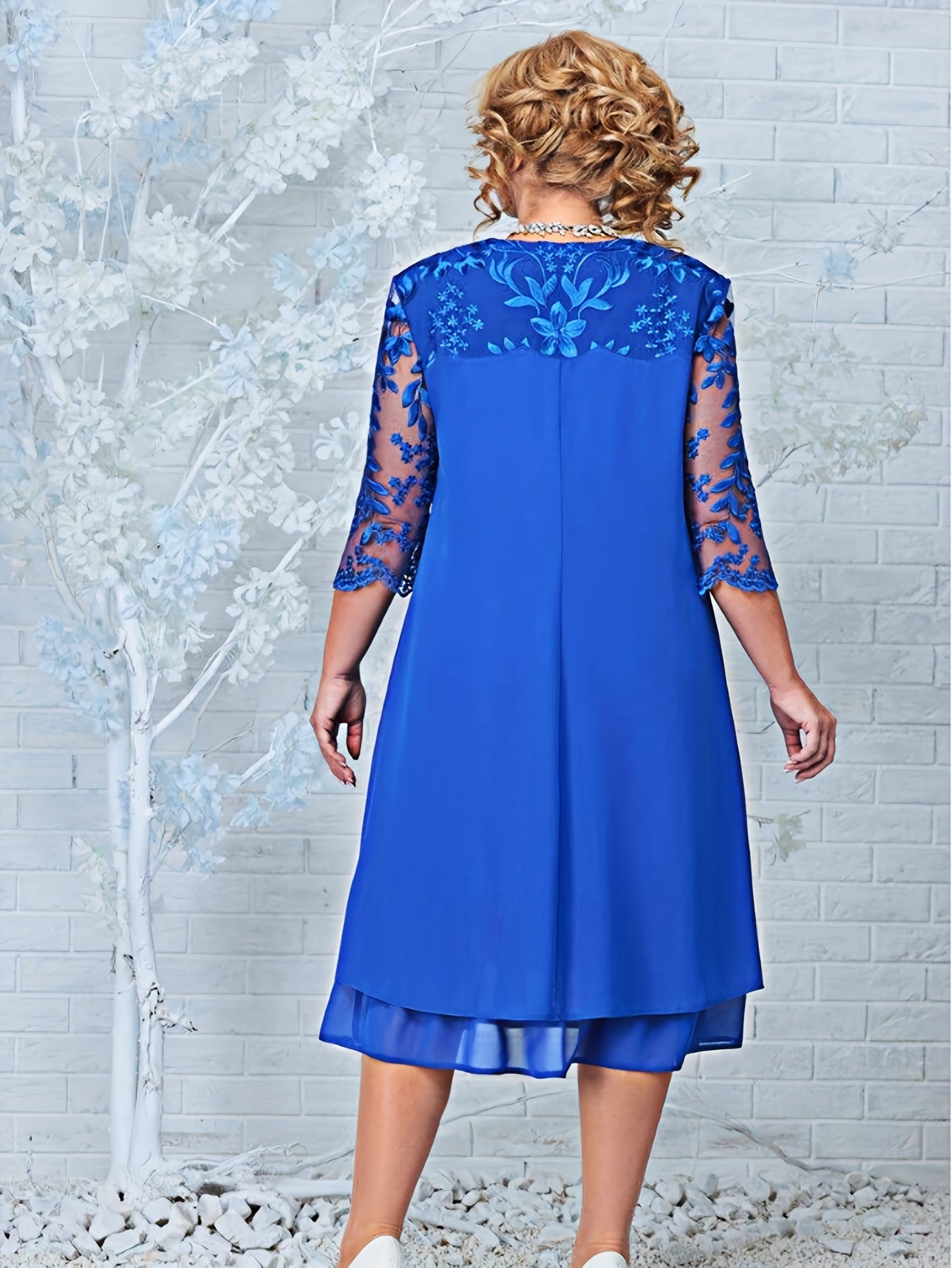 Elegant Plus Size Embroidered Chiffon Midi Dress – Blue | Half Sleeve | Crew Neck | Knee-Length | Wedding & Casual Wear