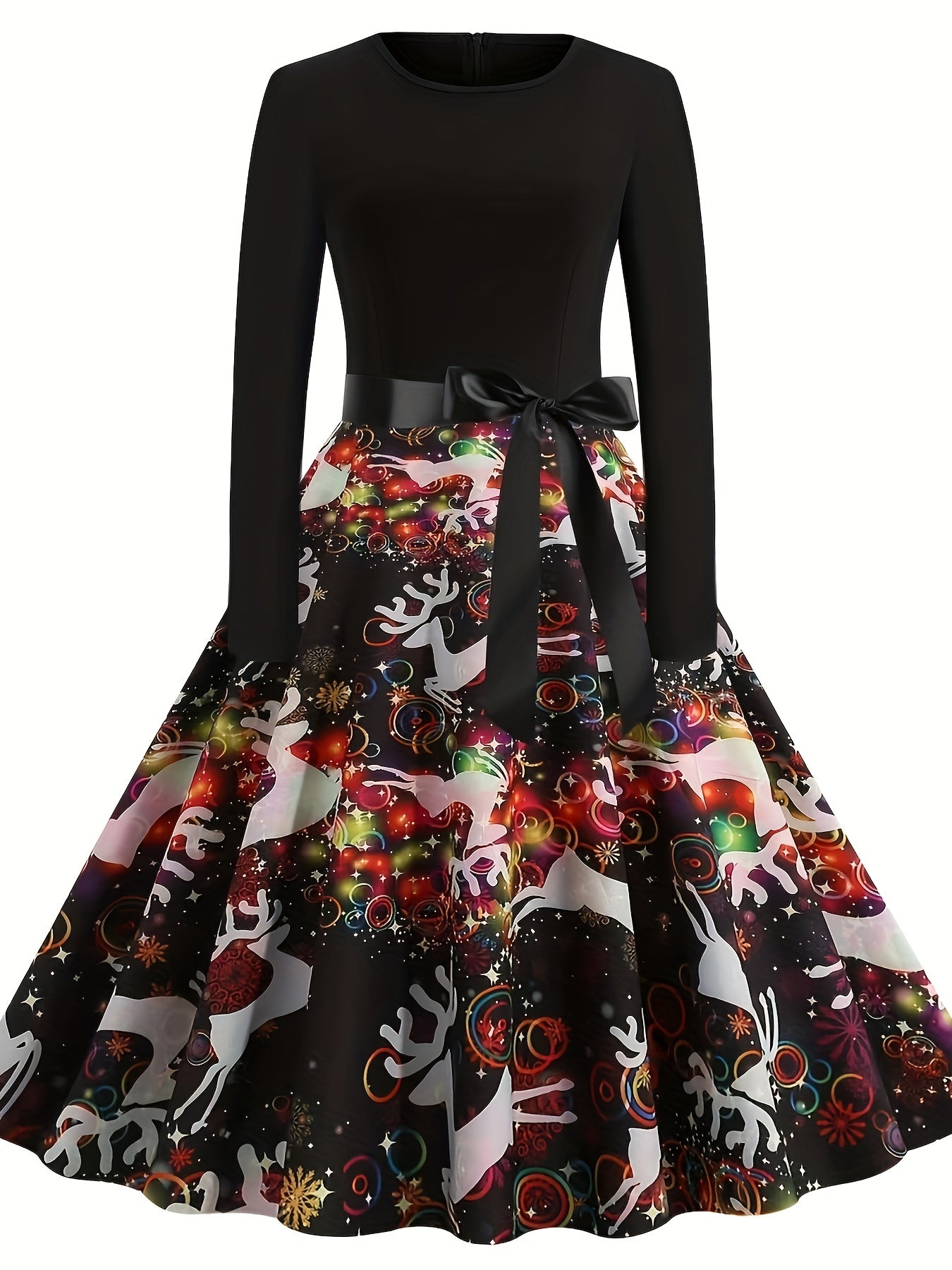 Women's Vintage Christmas Midi Dress – Long Sleeve Holiday Party Dress with Belt, Navy/Red Festive Print, All-Season A-Line