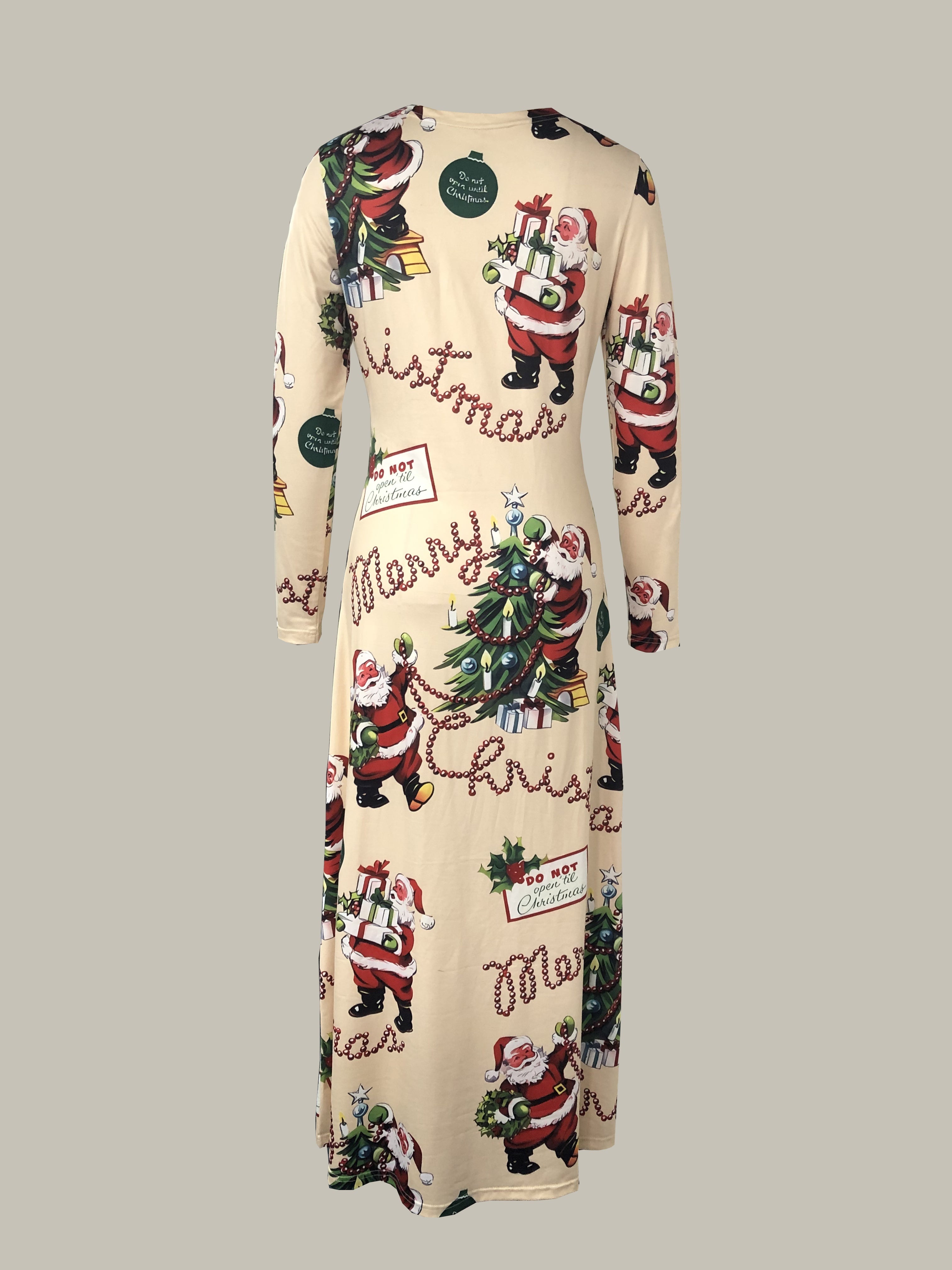 Women's Christmas Santa Print Maxi Dress – Long Sleeve Crew Neck, Casual Holiday A-Line Winter Dress