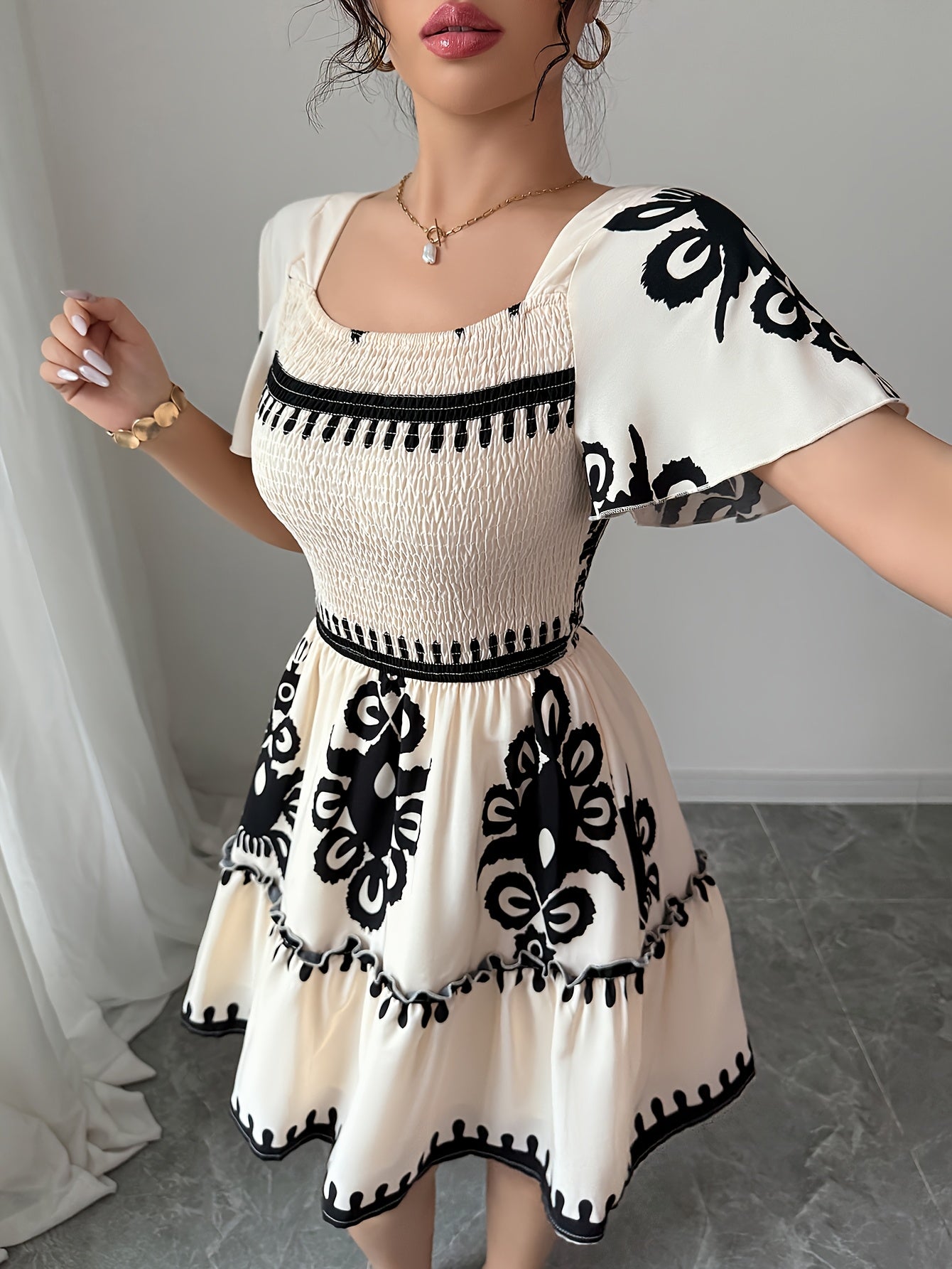 Elegant Printed Square Neck Mini Dress – Pleated A-Line Silhouette with Cinched Waist & Ruffled Edges