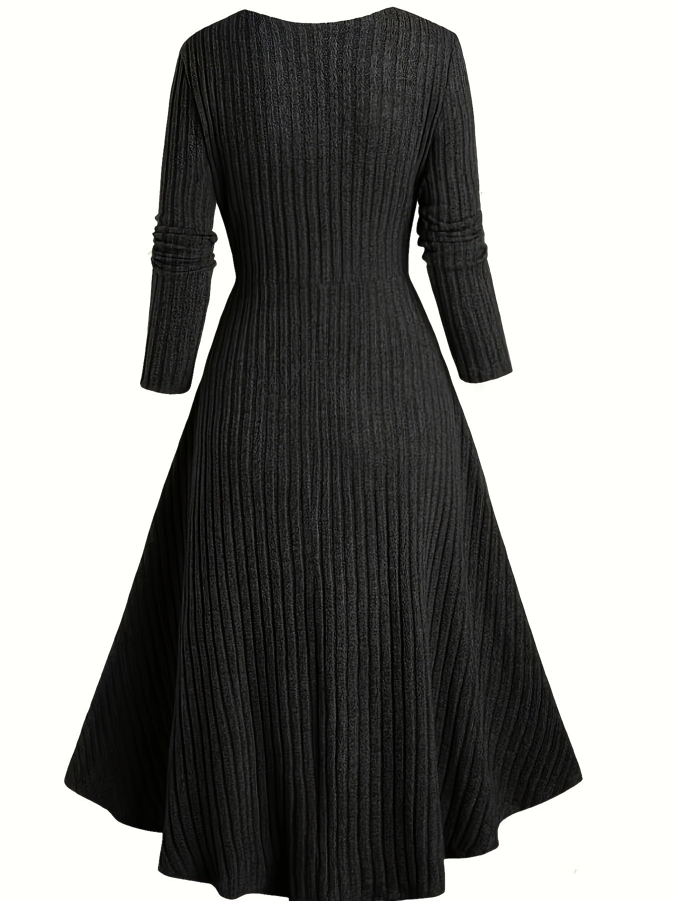 Women’s Long-Sleeve Ribbed Color Block Dress – Autumn & Winter A-Line Commute Dress, Square Neck, Elegant Knit Fabric