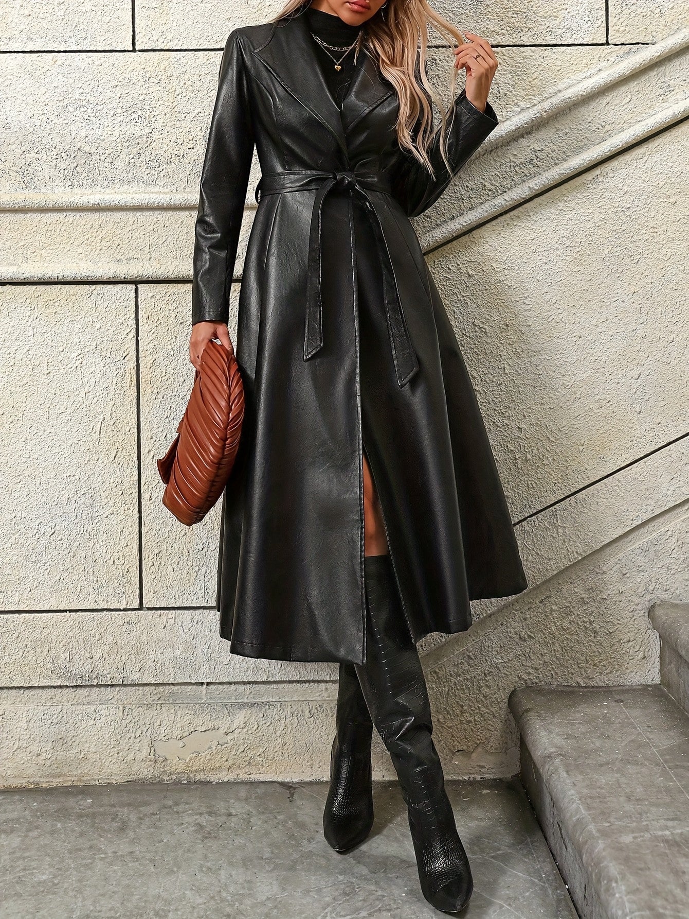 Women’s Genuine Leather Long Trench Coat – Classic Solid Color, Elegant Mid-Length Autumn Outerwear | Premium Real Leather