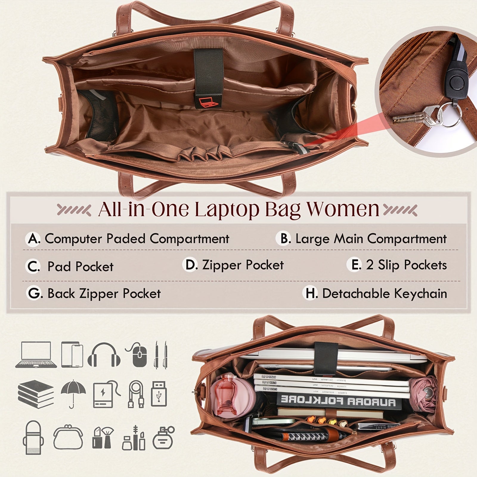 Women’s Genuine Leather Laptop Tote Bag – 15.6" (39.62 cm) Large Capacity Office & Business Briefcase (Brown)