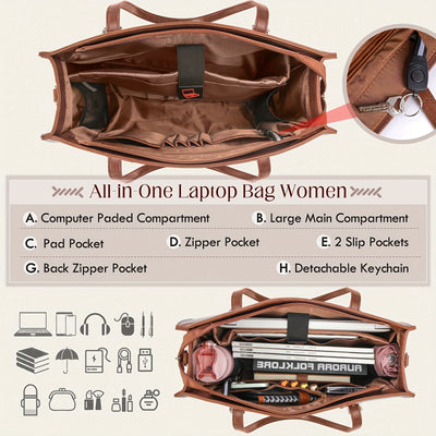 Women’s Genuine Leather Laptop Tote Bag – 15.6" (39.62 cm) Large Capacity Office & Business Briefcase (Brown)