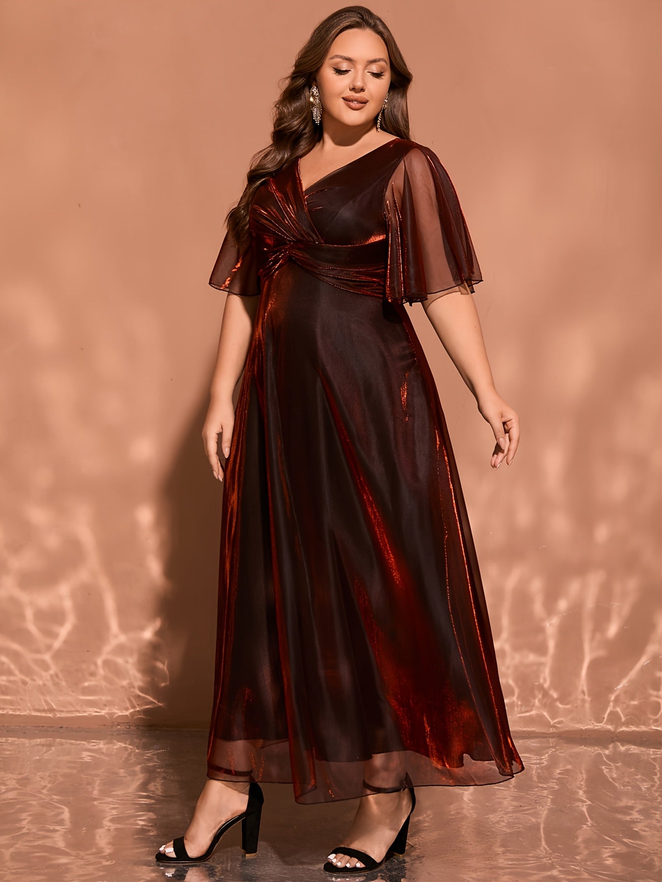 Elegant Plus Size V-Neck Midi Dress – Ruffle Sleeves & Side Slit | Gradient Mesh Overlay | Purple & Golden Highlight