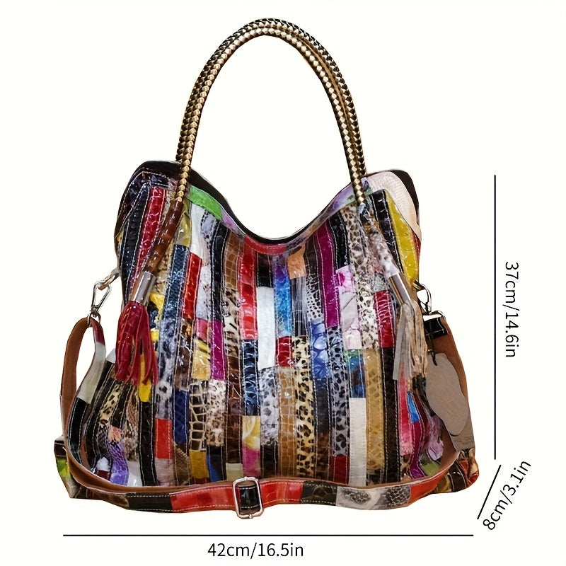 Handmade Bohemian Genuine Leather Patchwork Tote – Multicolor Stripe Purse with Leopard & Snake Accents, Adjustable Chain Strap