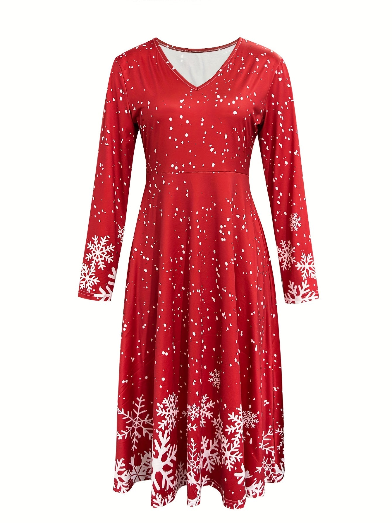 Women’s Christmas Elegant Snowflake Print Long Dress – V-Neck, Vintage Winter Maxi Dress, Fall/Winter Casual Holiday Outfit