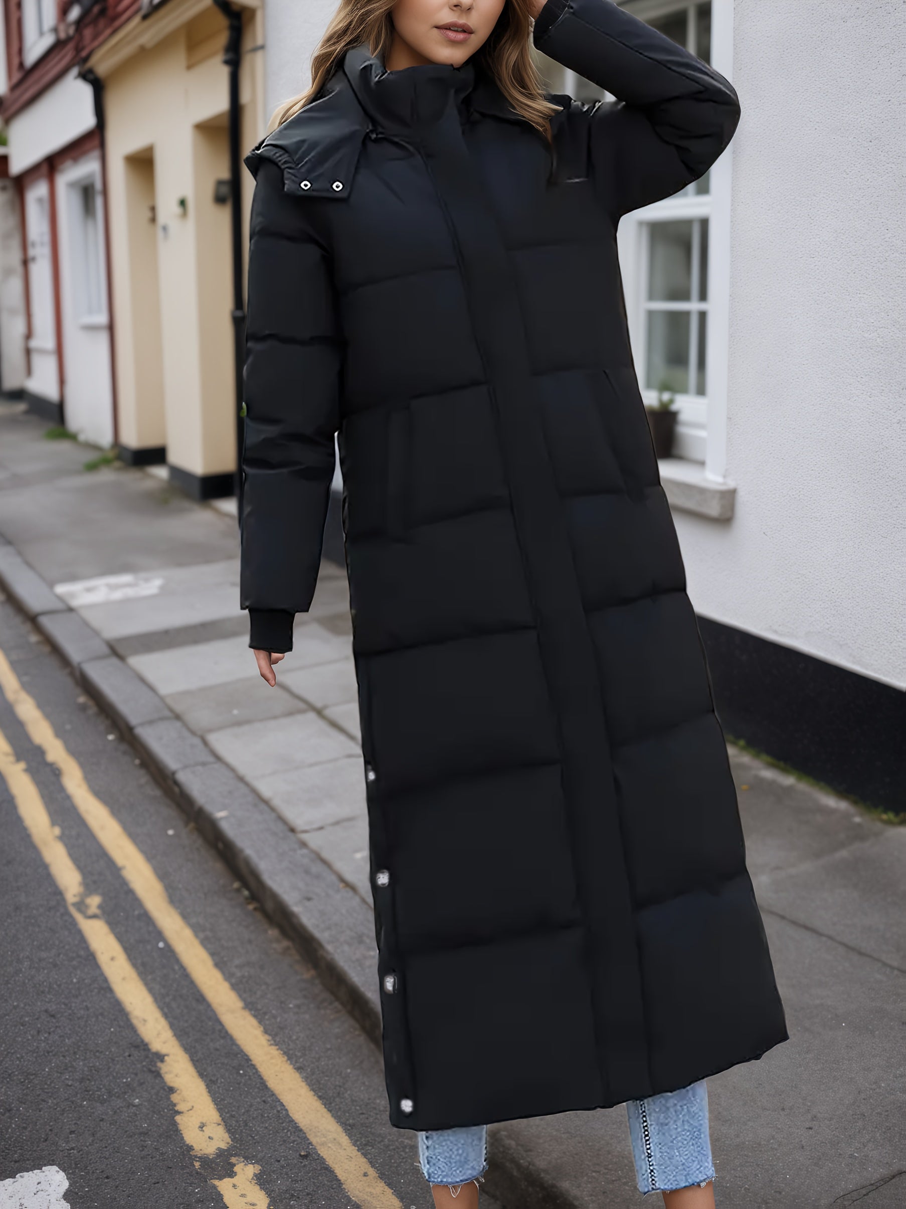 Women’s Elegant Winter Coat – Thickened Cold Weather Outerwear with Full-Zip Closure, Knee-Length Hooded Jacket for Everyday & Formal Events