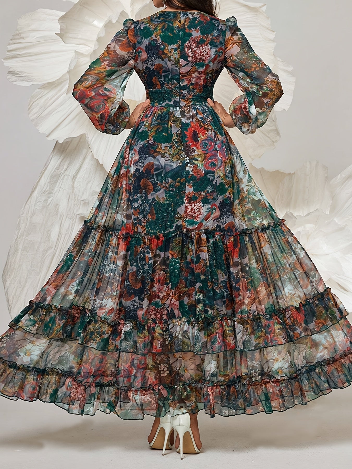 Women’s Elegant Floral Print Maxi Dress – Floor-Length Fit & Flare Evening Gown with Lantern Sleeves and Zipper Back Closure