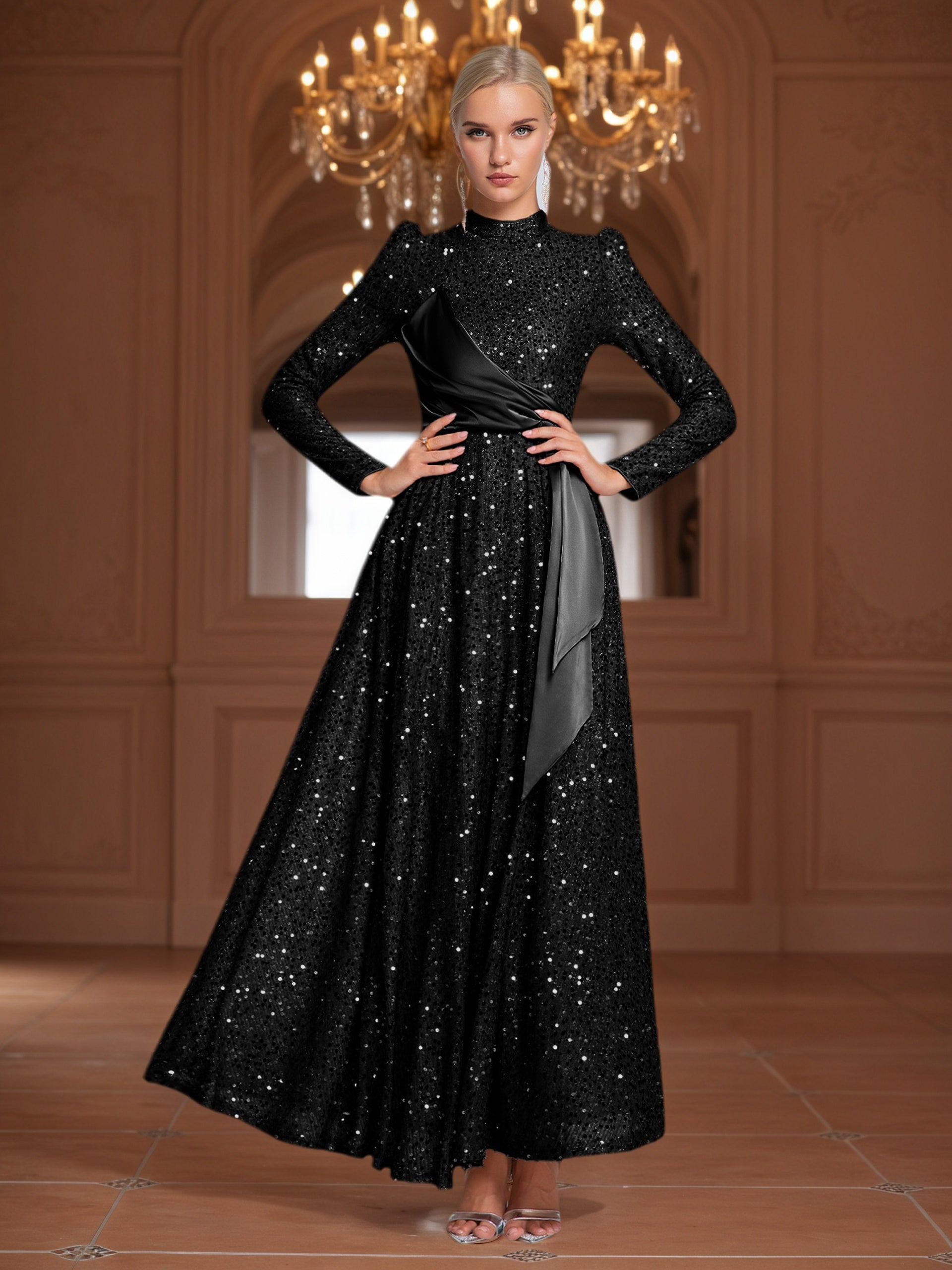 Women’s Elegant Winter Wedding & Special Occasion Maxi Dress – Long Sleeve, High-Neck, Asymmetrical Train, Padded Bust, Fit & Flare Silhouette