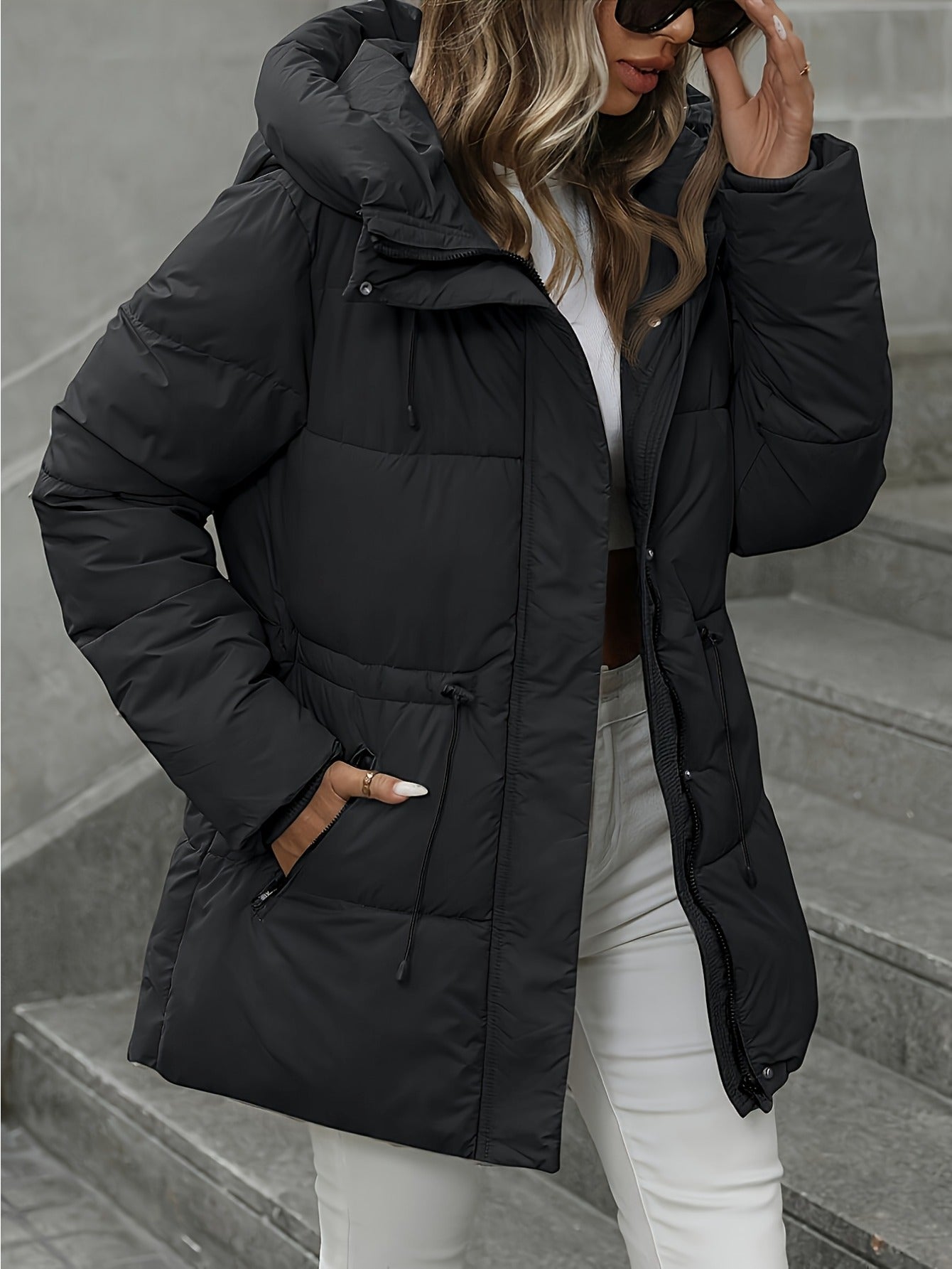 Women’s Quilted Hooded Winter Jacket – Thermal Puffy Design, Adjustable Hood, Warm Solid Winter Coat