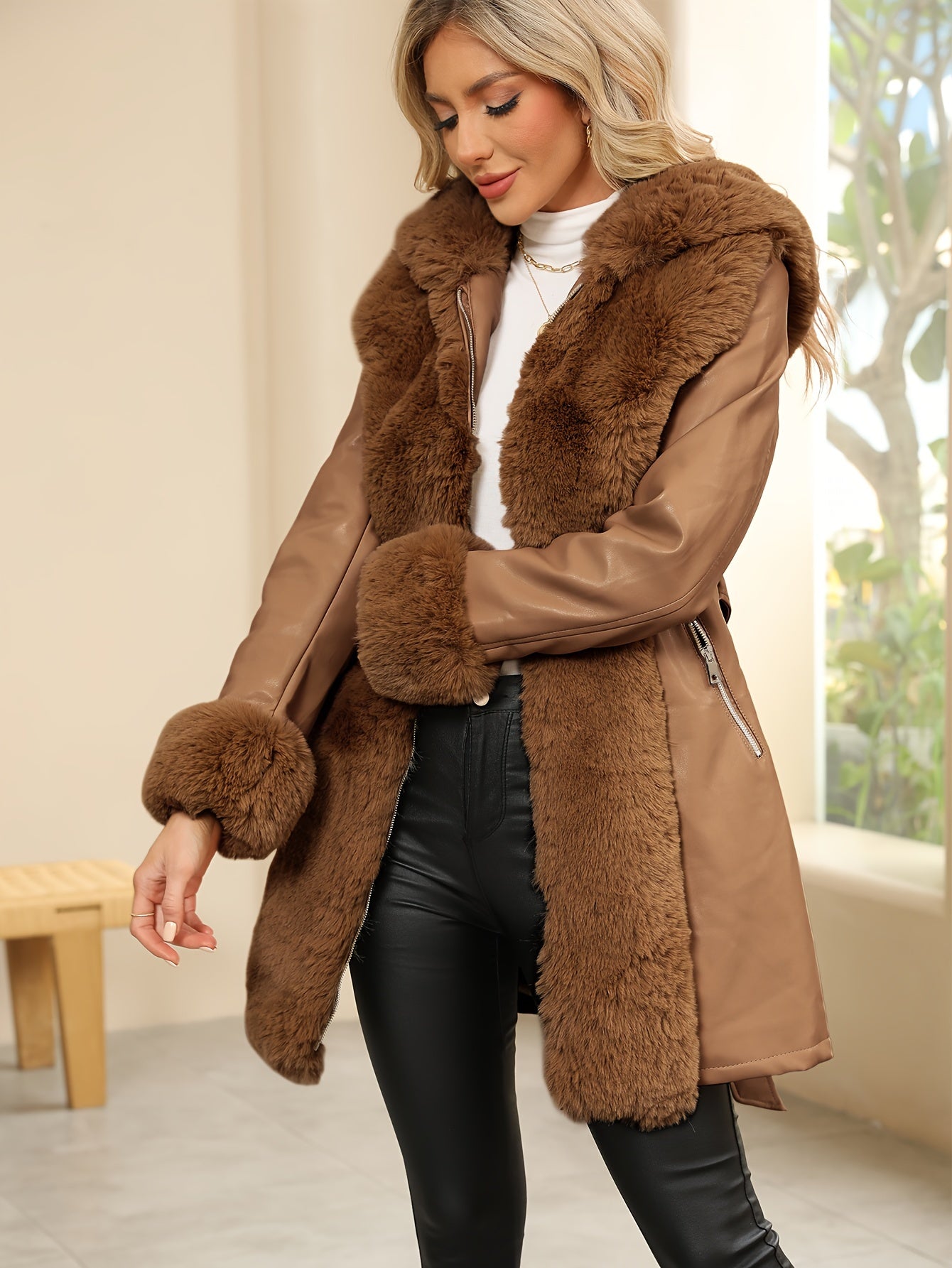 Women’s Elegant Genuine Leather Jacket – Suede Lining, Solid Color, Hooded Cold Weather Coat with Faux Fur Trim for Fall/Winter Outerwear