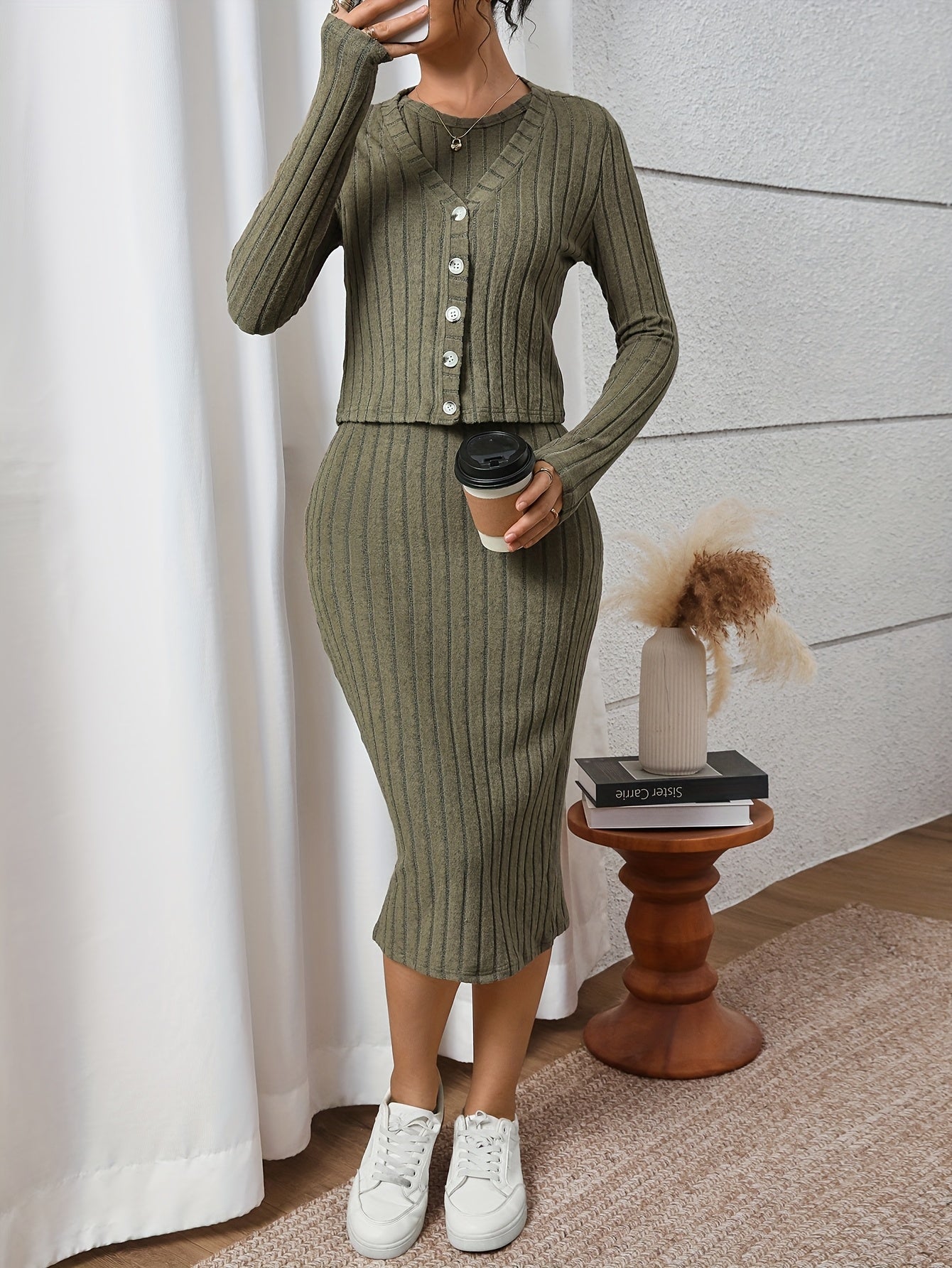 Women’s Elegant Slim-Fit Two-Piece Dress Set – Long Sleeve Cardigan + Bodycon Midi Dress | High Stretch | Fall/Winter Fashion